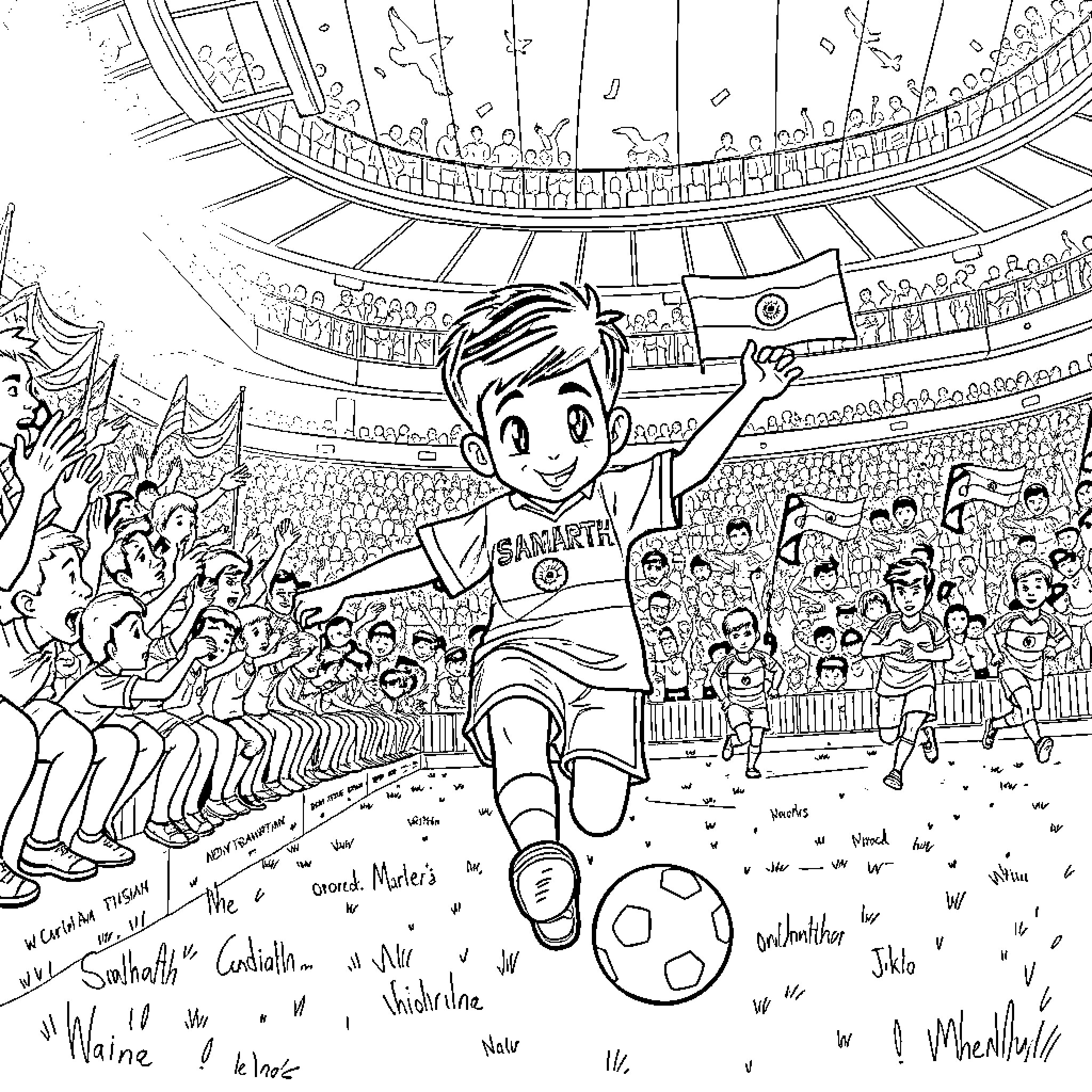 Boy celebrating victory in a crowded stadium Coloring Page (free black-and-white line drawing printable PDF for all, from beginners to advanced learners, including children, teens, adults, and seniors)