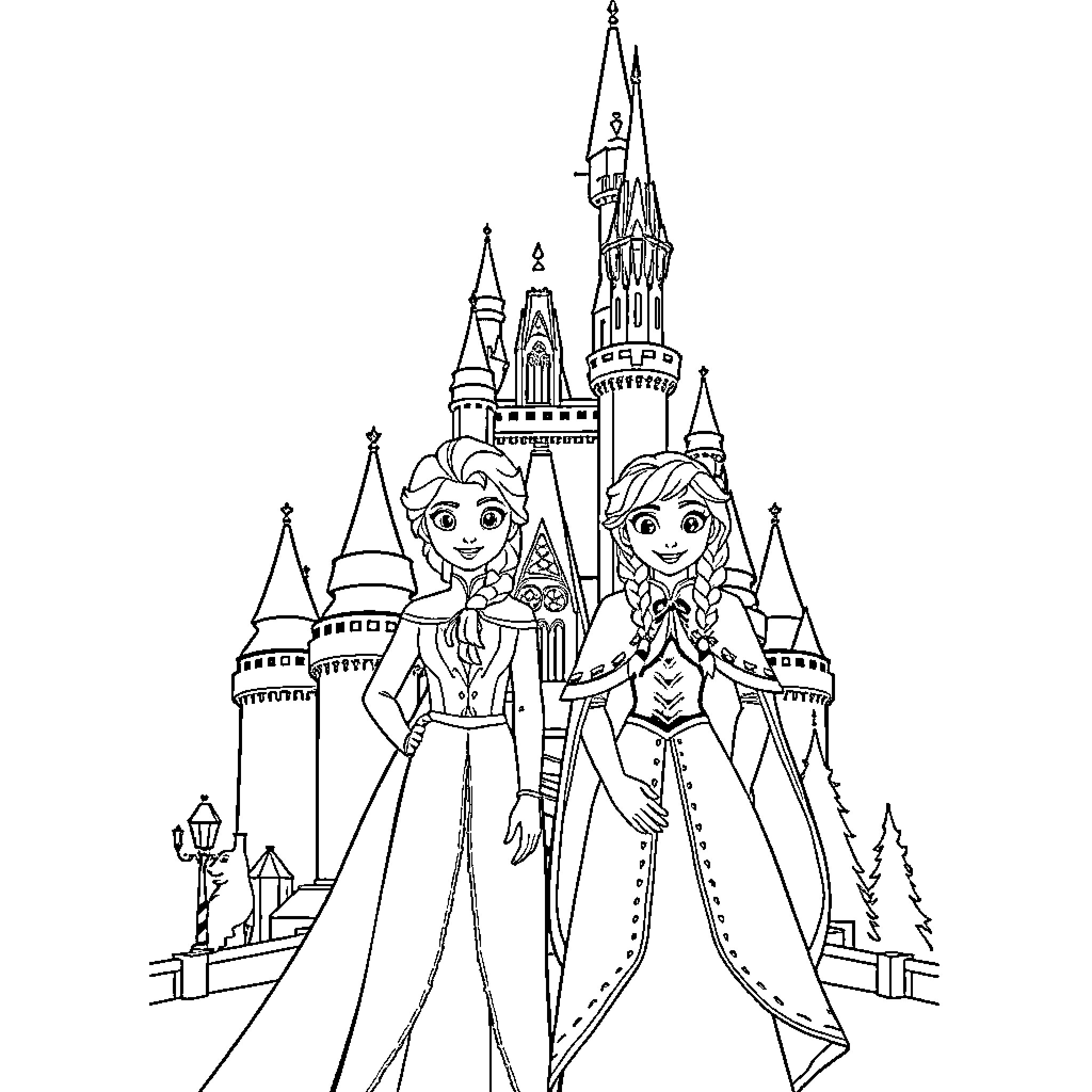 Frozen characters in a magical castle setting Coloring Page (free black-and-white line drawing printable PDF for all, from beginners to advanced learners, including children, teens, adults, and seniors)