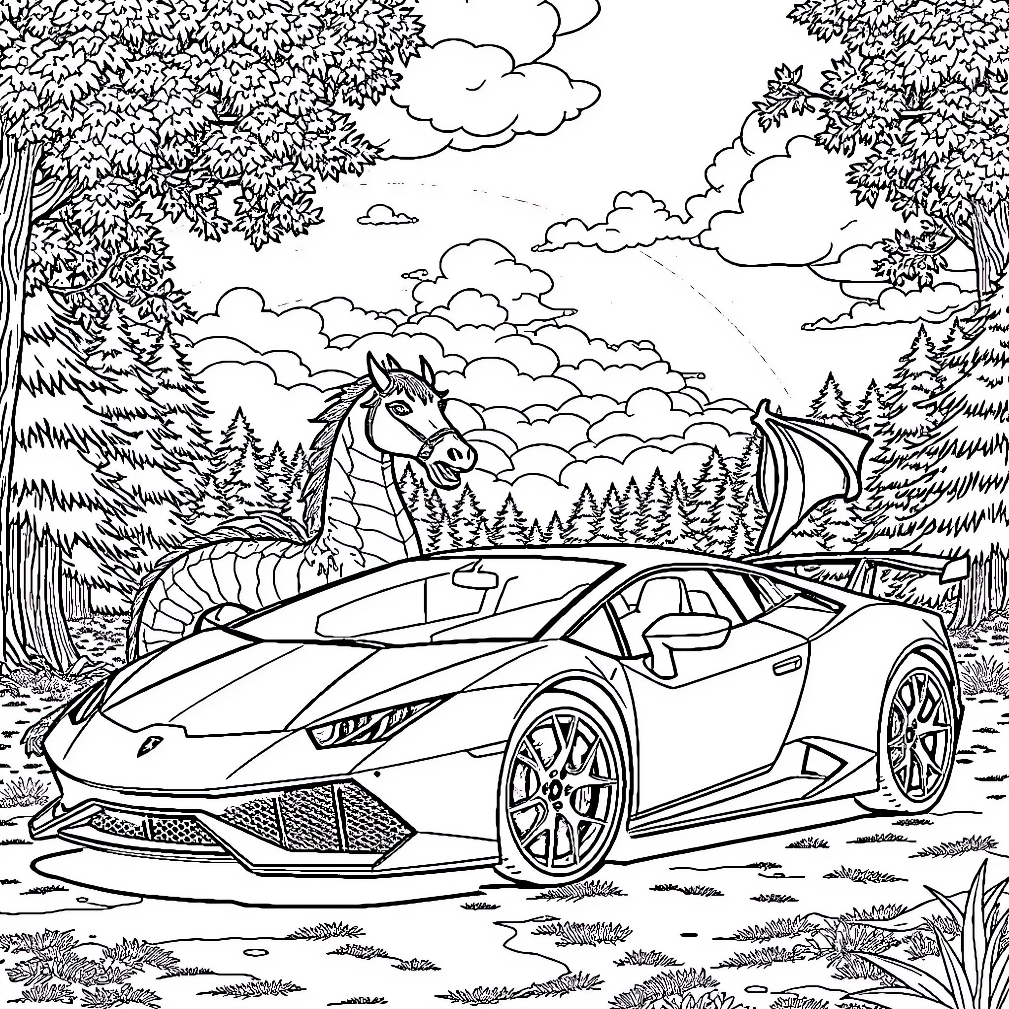 Lamborghini racing through the enchanted forest Coloring Page (free black-and-white line drawing printable PDF for all, from beginners to advanced learners, including children, teens, adults, and seniors)