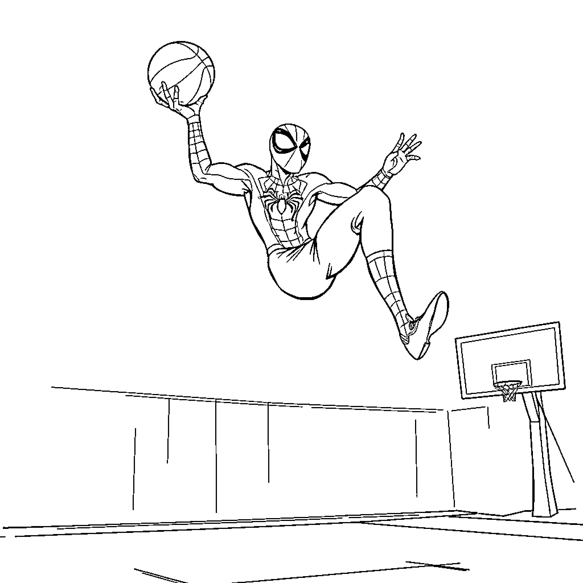 Spidey performs basketball-themed acrobatics Coloring Page (free black-and-white line drawing printable PDF for all, from beginners to advanced learners, including children, teens, adults, and seniors)