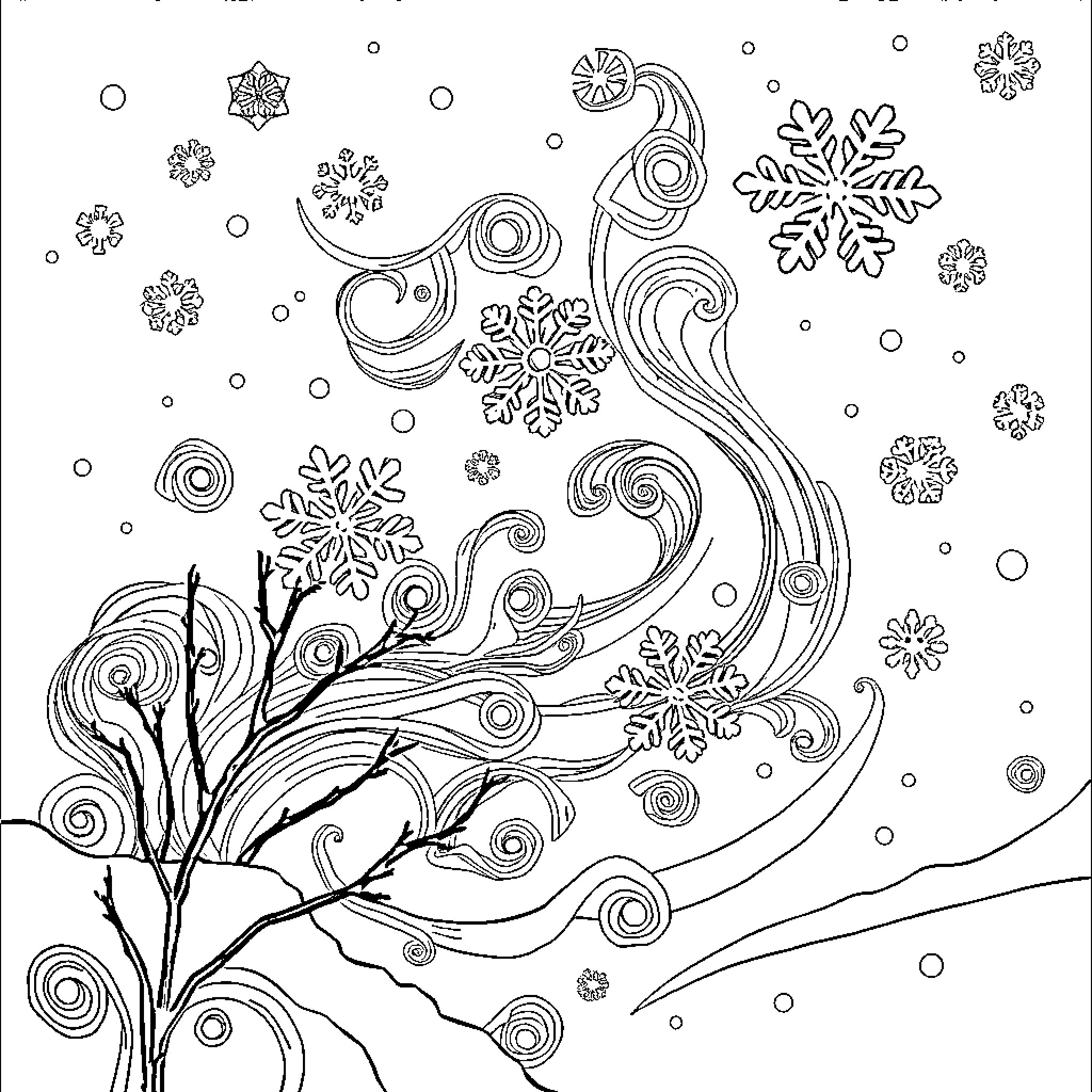 Abstract Winter Wonderland Scene Coloring Page (free black-and-white line drawing printable PDF for all, from beginners to advanced learners, including children, teens, adults, and seniors)