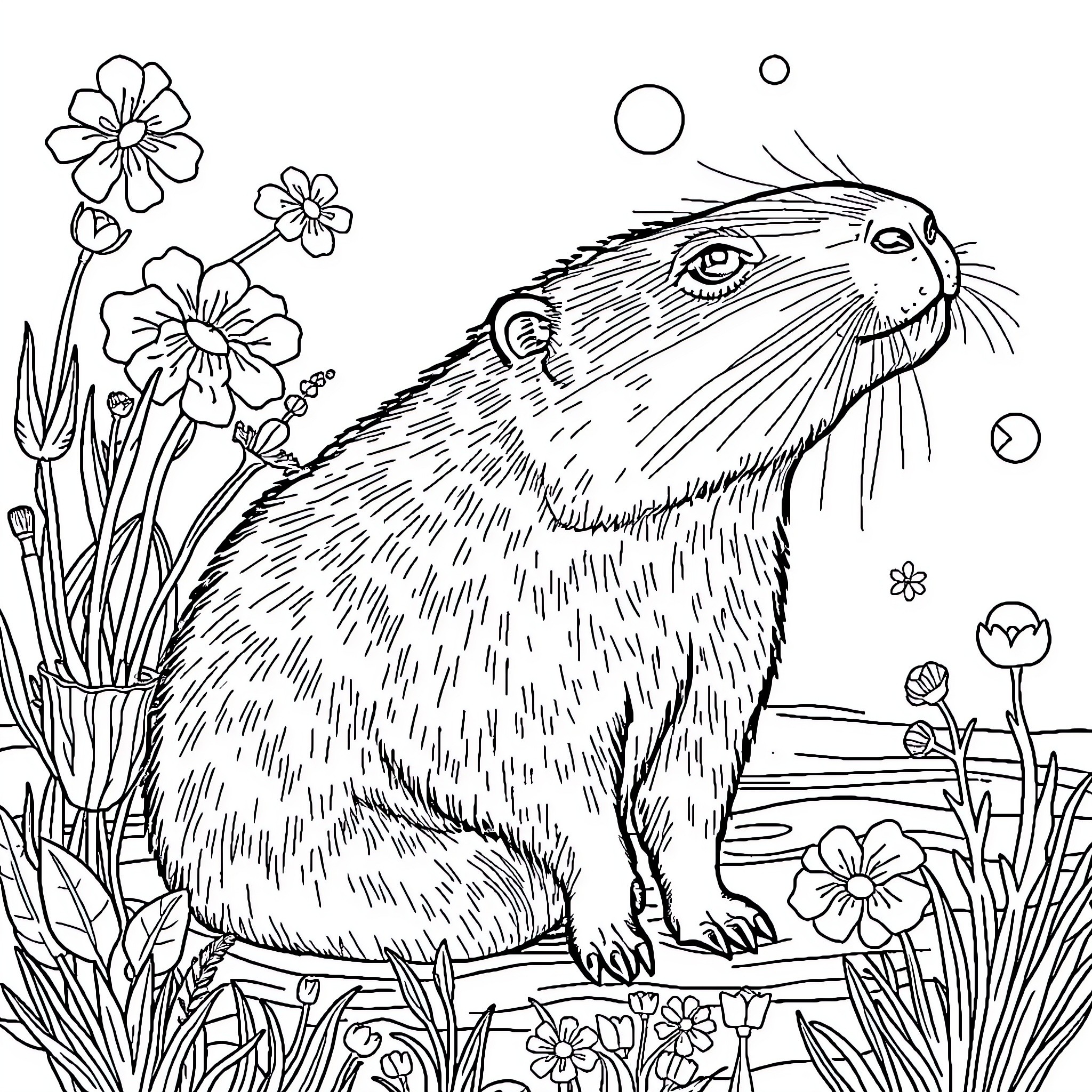 Capybara surrounded by beautiful flowers Coloring Page (free black-and-white line drawing printable PDF for all, from beginners to advanced learners, including children, teens, adults, and seniors)