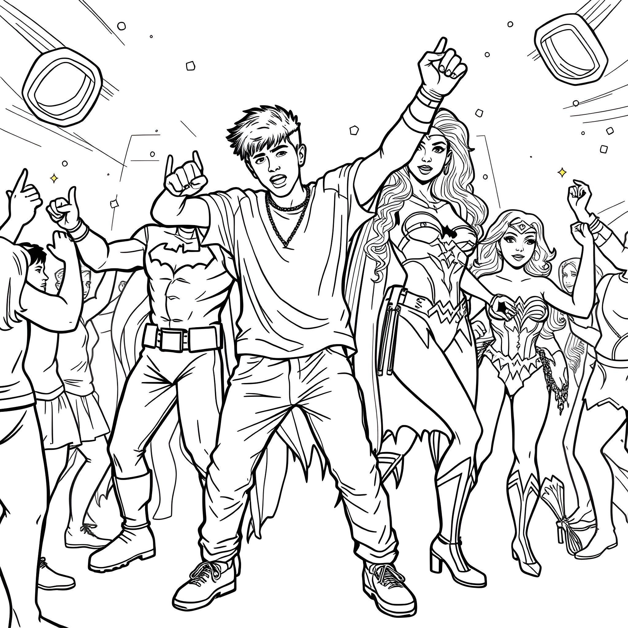 Justin Bieber performing on stage with superhero fans Coloring Page (free black-and-white line drawing printable PDF for all, from beginners to advanced learners, including children, teens, adults, and seniors)