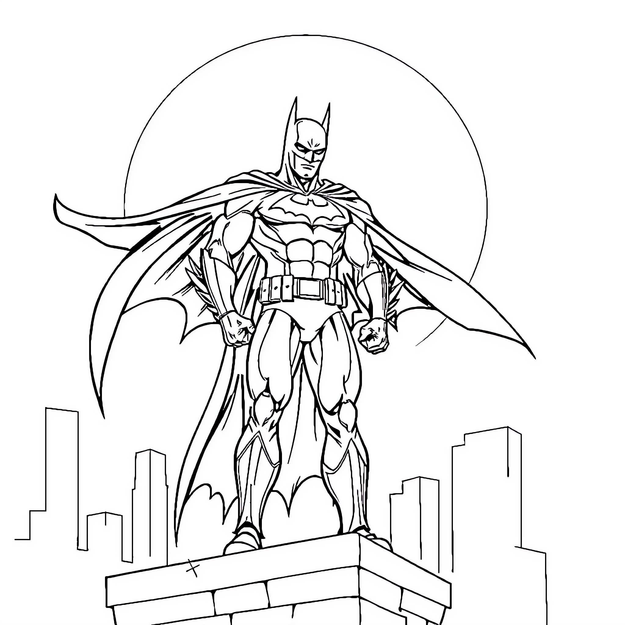 Batman standing heroically on city rooftop Coloring Page (free black-and-white line drawing printable PDF for all, from beginners to advanced learners, including children, teens, adults, and seniors)