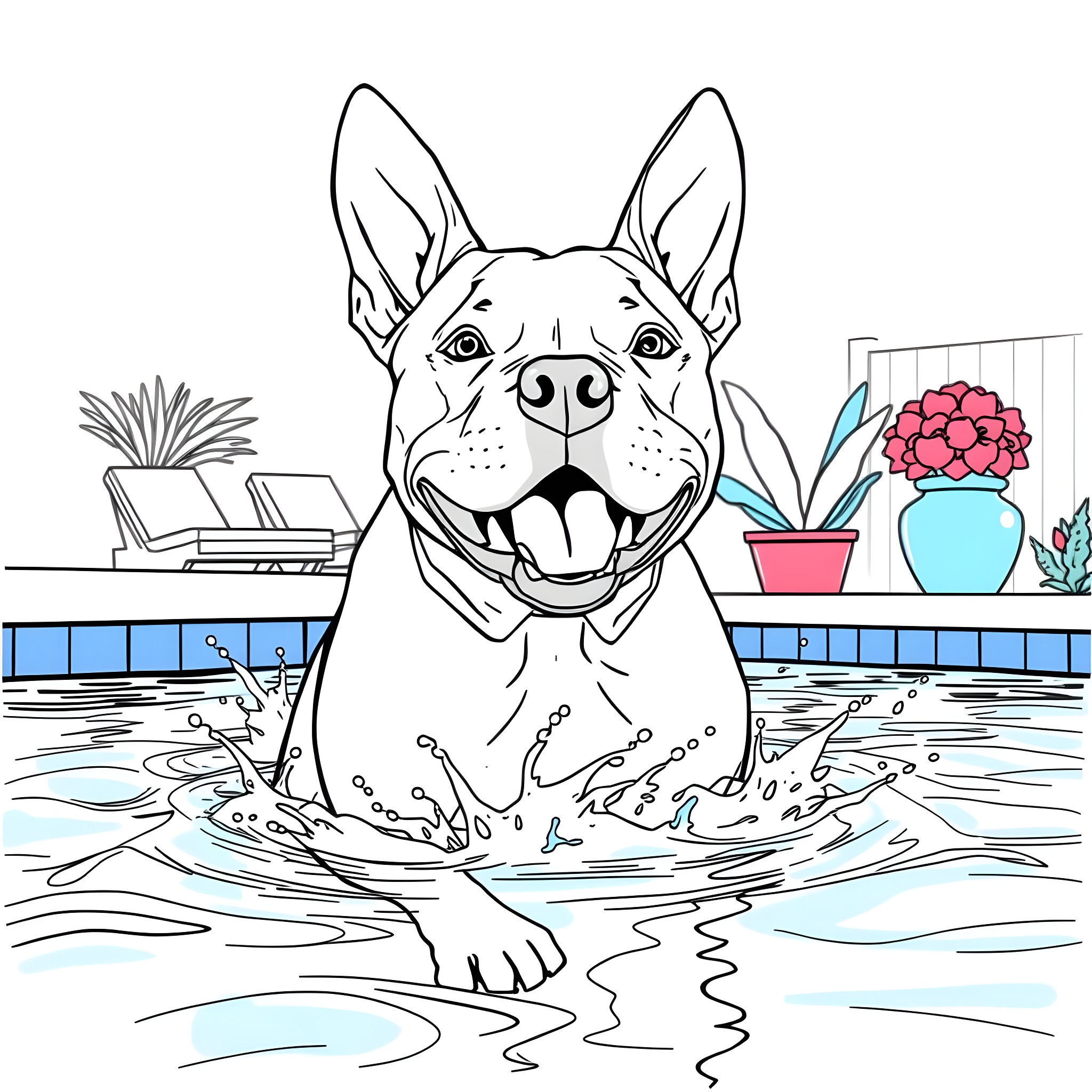 Pit Bull happily swimming in the pool Coloring Page (free black-and-white line drawing printable PDF for all, from beginners to advanced learners, including children, teens, adults, and seniors)