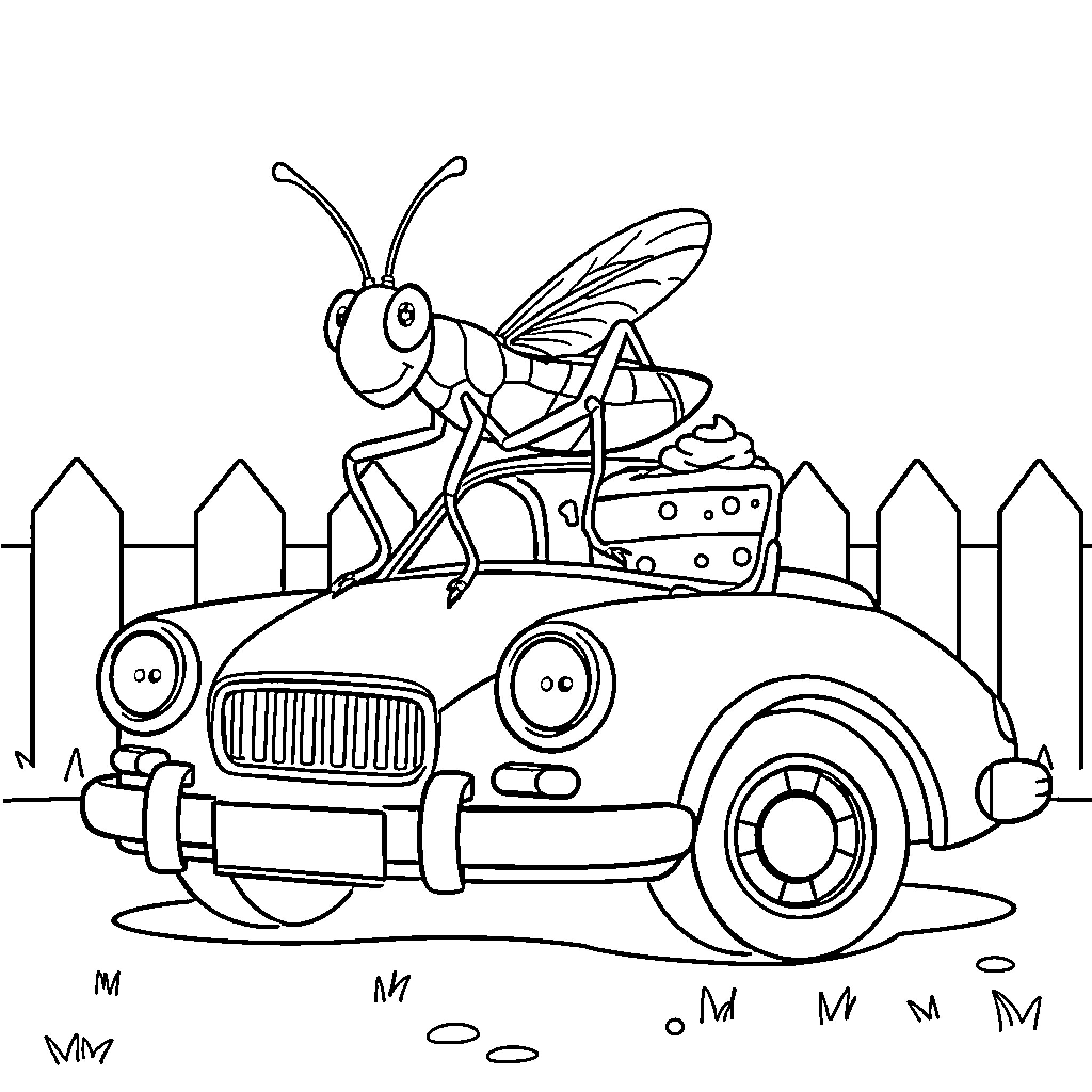 Grasshopper riding a car in the countryside Coloring Page (free black-and-white line drawing printable PDF for all, from beginners to advanced learners, including children, teens, adults, and seniors)