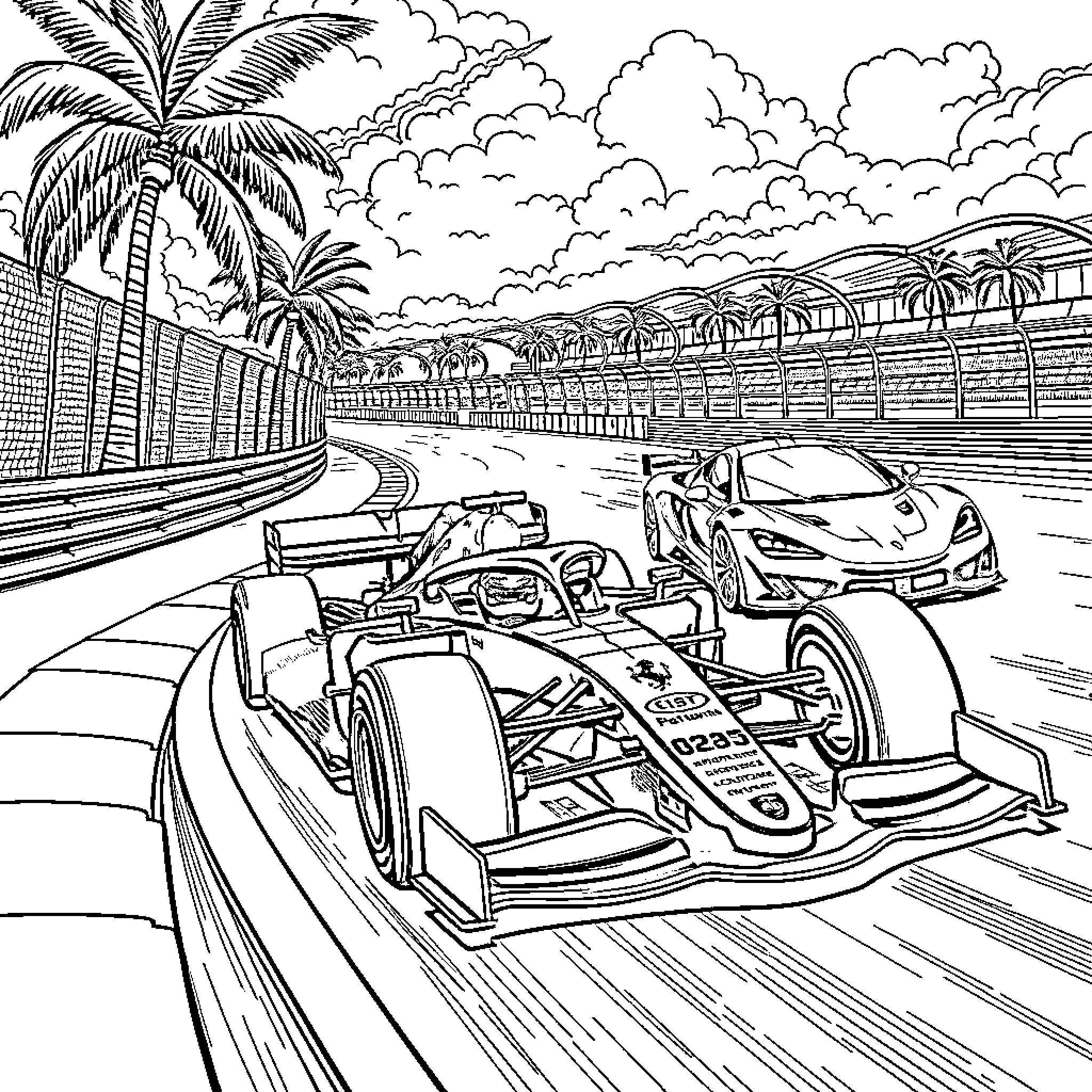 F1 Cars Racing on Tropical Circuit Coloring Page (free black-and-white line drawing printable PDF for all, from beginners to advanced learners, including children, teens, adults, and seniors)