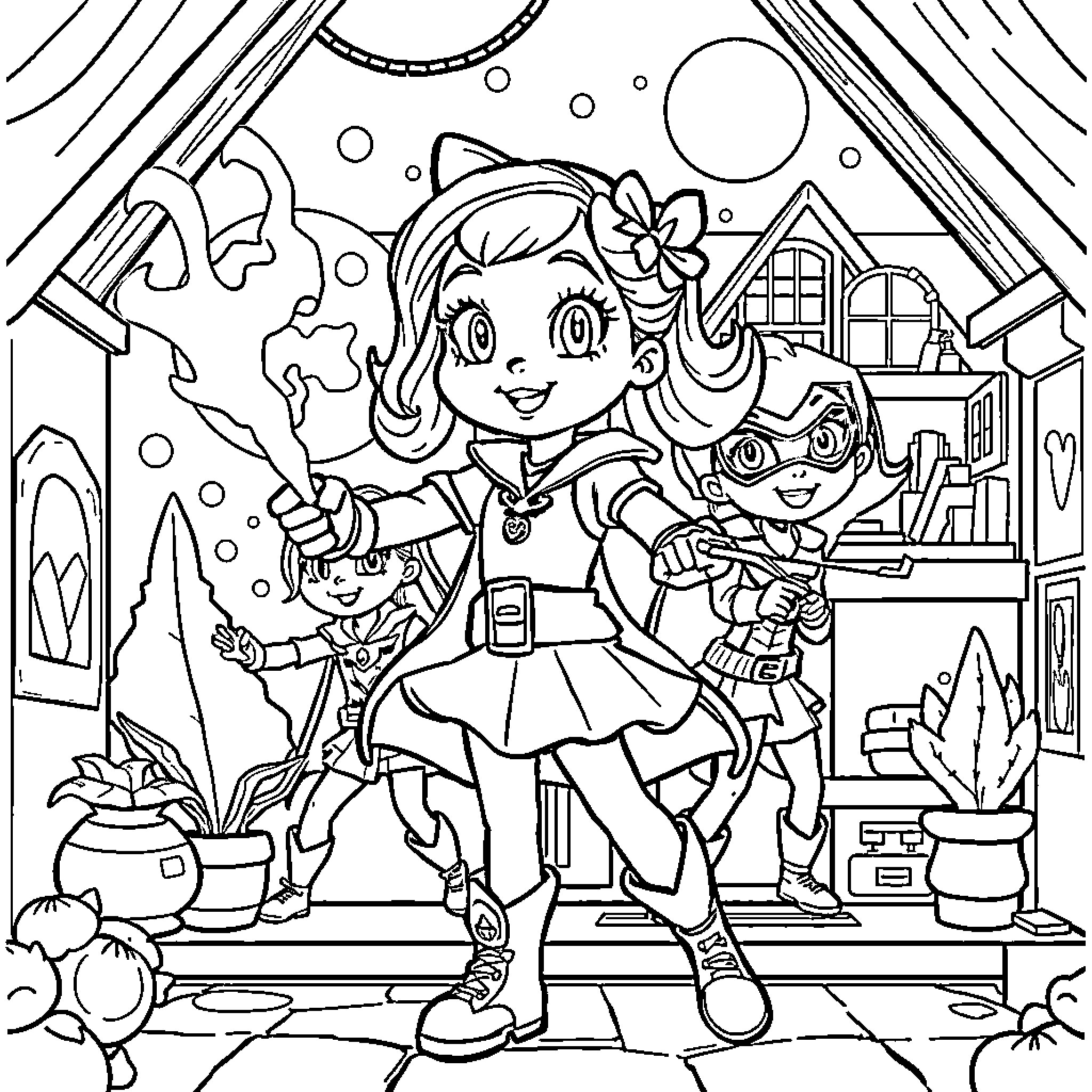 Gabby Dollhouse: Playtime with Friends Coloring Page (free black-and-white line drawing printable PDF for all, from beginners to advanced learners, including children, teens, adults, and seniors)
