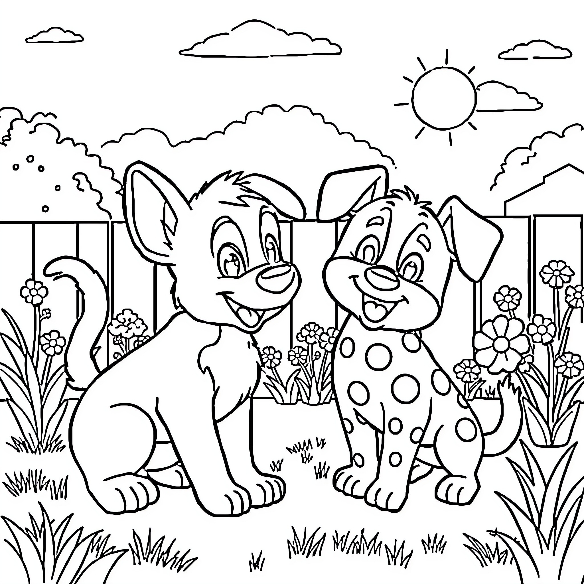 Bluey and friends enjoying the outdoors Coloring Page (free black-and-white line drawing printable PDF for all, from beginners to advanced learners, including children, teens, adults, and seniors)