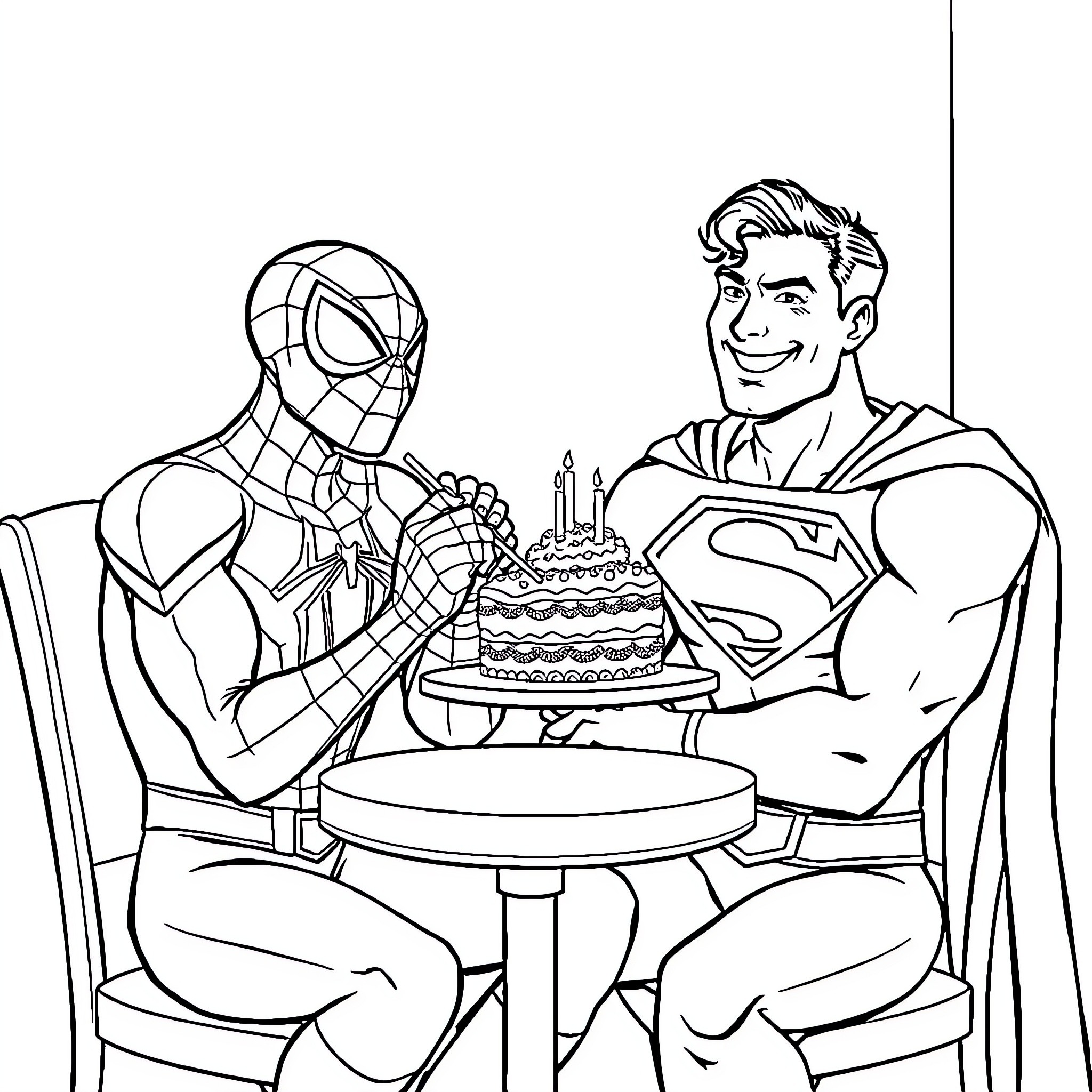 Spiderman and Superman Celebrate a Birthday Together Coloring Page (free black-and-white line drawing printable PDF for all, from beginners to advanced learners, including children, teens, adults, and seniors)