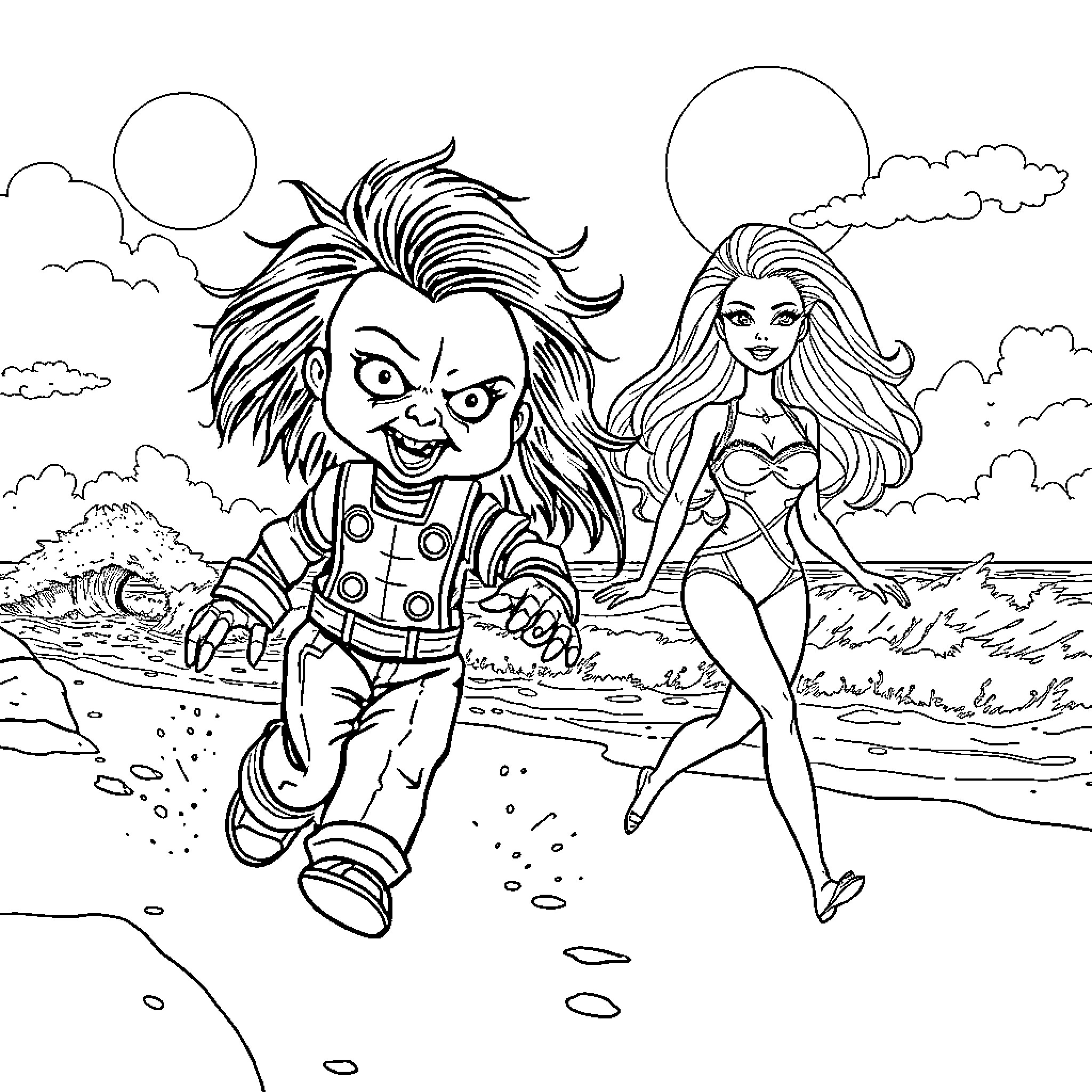 Chucky and a woman on the beach Coloring Page (free black-and-white line drawing printable PDF for all, from beginners to advanced learners, including children, teens, adults, and seniors)