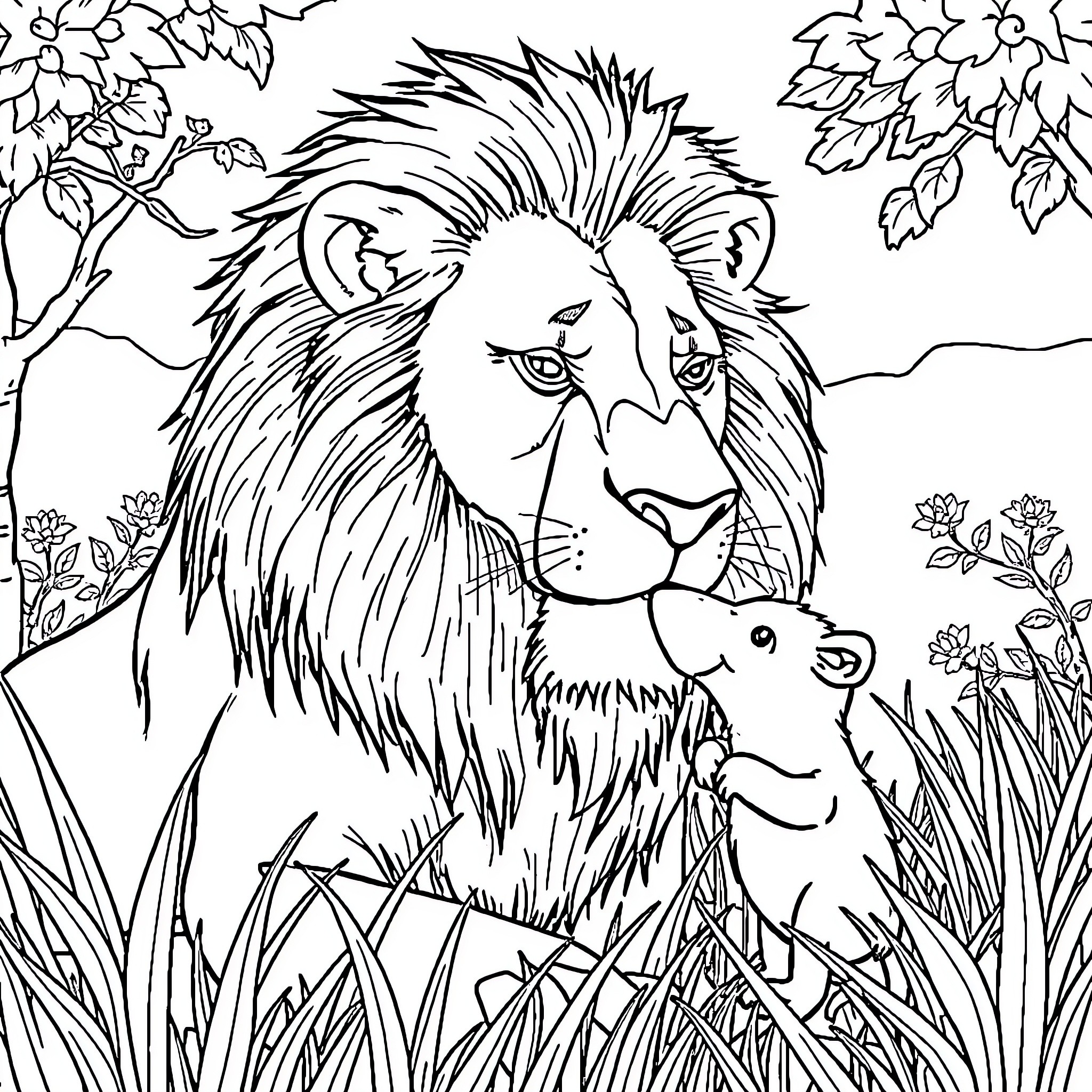 Lion and cub in a lush nature scene Coloring Page (free black-and-white line drawing printable PDF for all, from beginners to advanced learners, including children, teens, adults, and seniors)