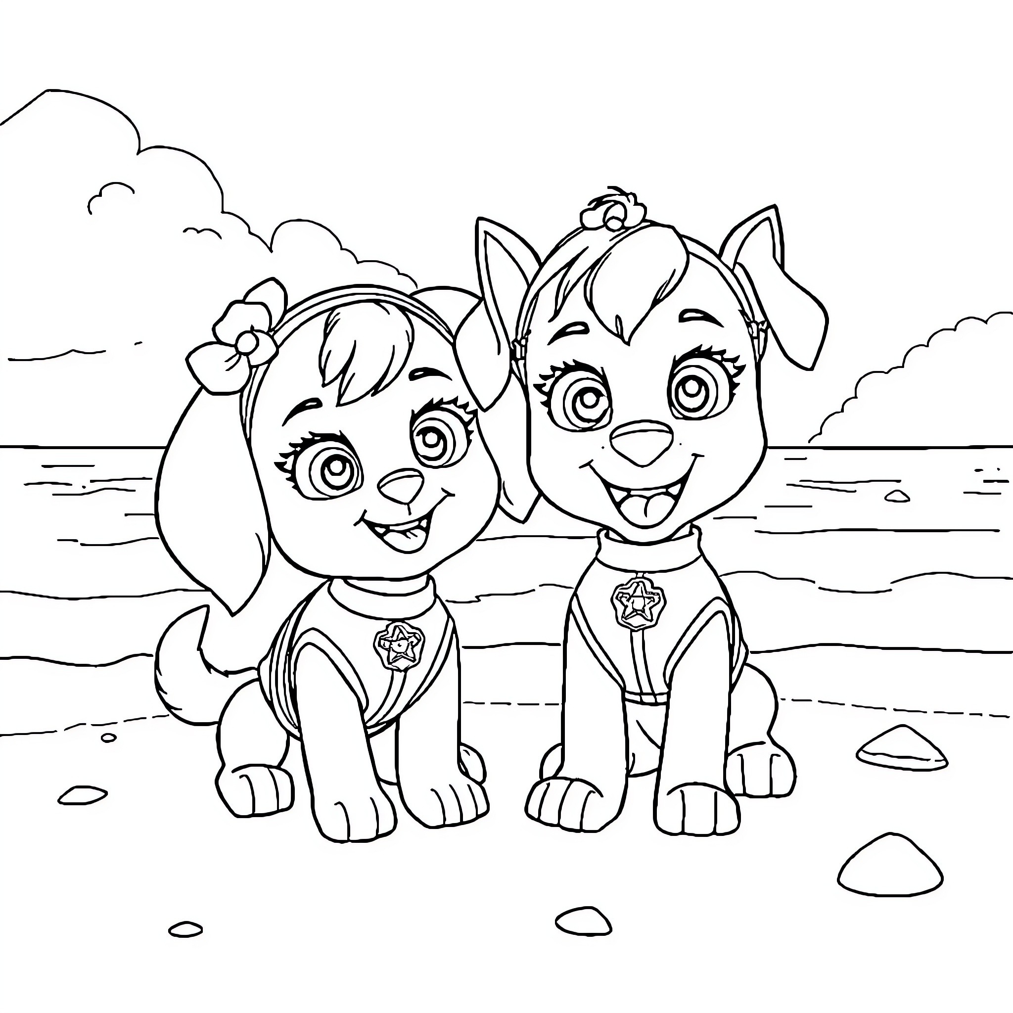 Vaïna's Playful Pups Enjoying the Beach Coloring Page (free black-and-white line drawing printable PDF for all, from beginners to advanced learners, including children, teens, adults, and seniors)