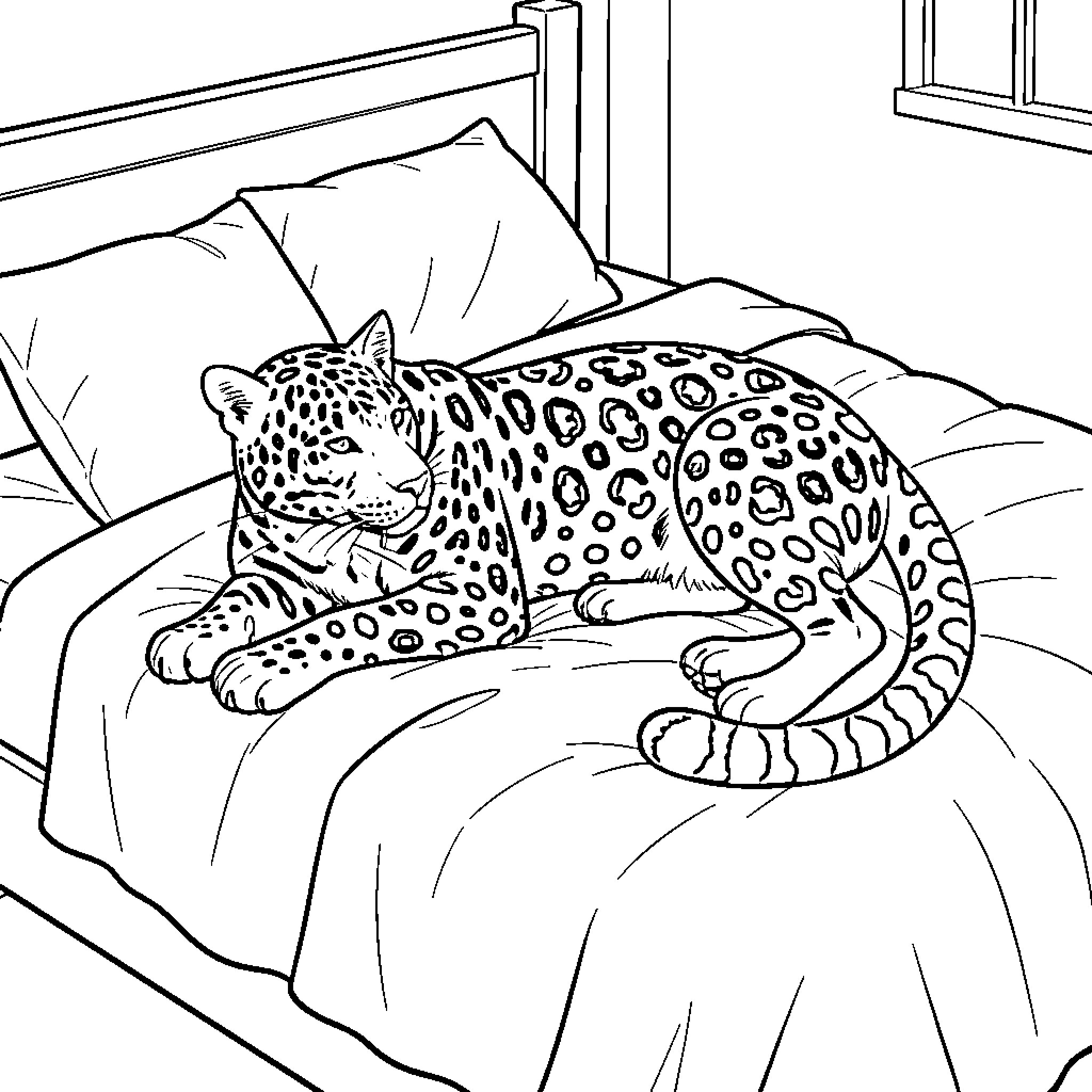 Jaguar resting peacefully on bedsheet Coloring Page (free black-and-white line drawing printable PDF for all, from beginners to advanced learners, including children, teens, adults, and seniors)