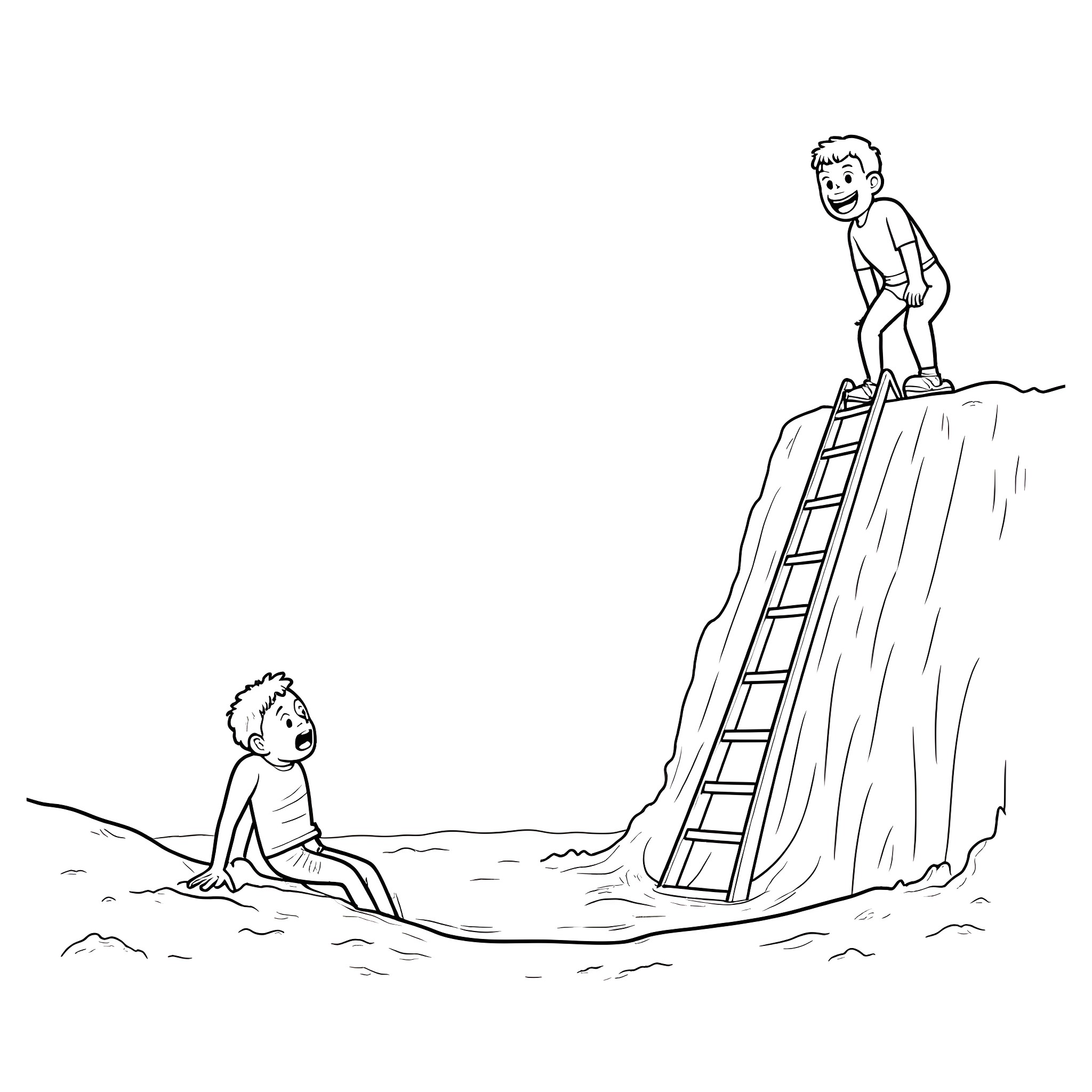 Man on ladder assisting another man on cliff Coloring Page (free black-and-white line drawing printable PDF for all, from beginners to advanced learners, including children, teens, adults, and seniors)
