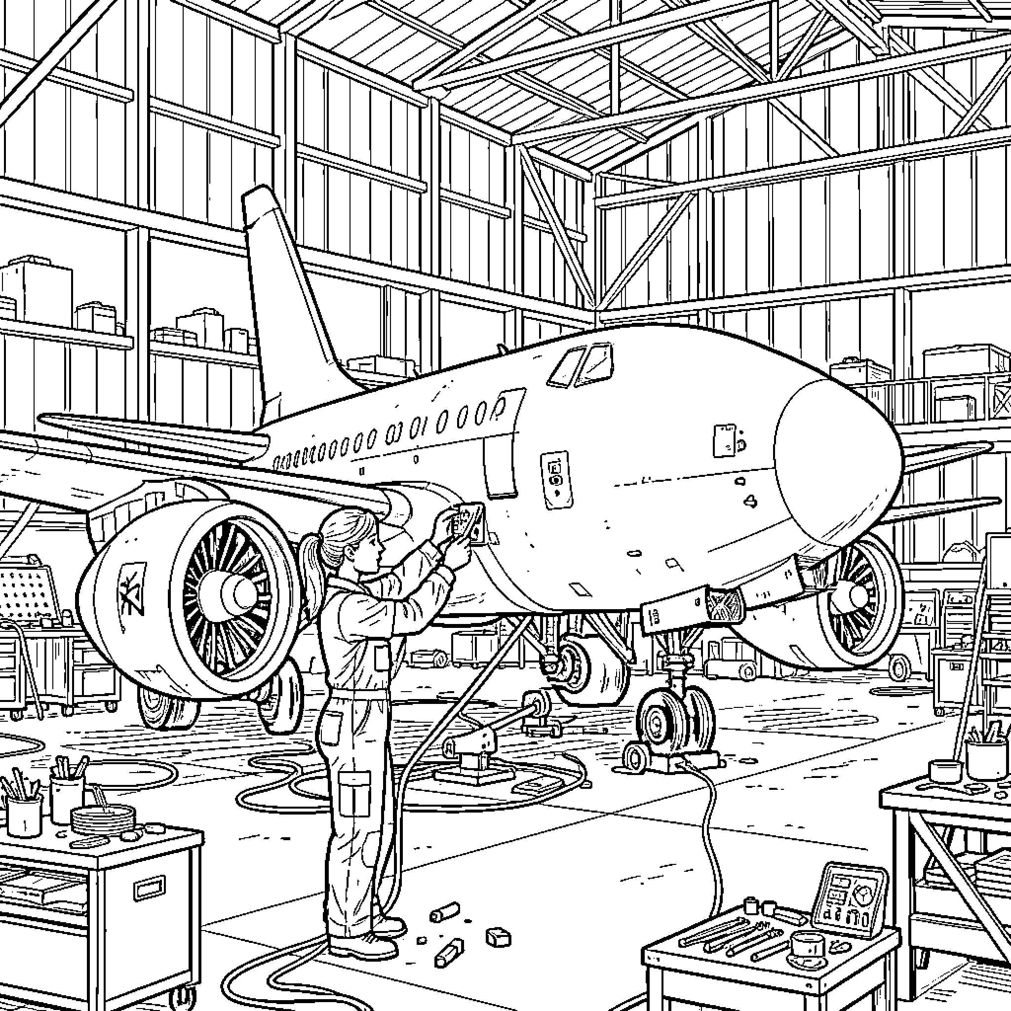 Aircraft Mechanic Inspecting and Repairing Jet Plane in Hangar Coloring Page (free black-and-white line drawing printable PDF for all, from beginners to advanced learners, including children, teens, adults, and seniors)
