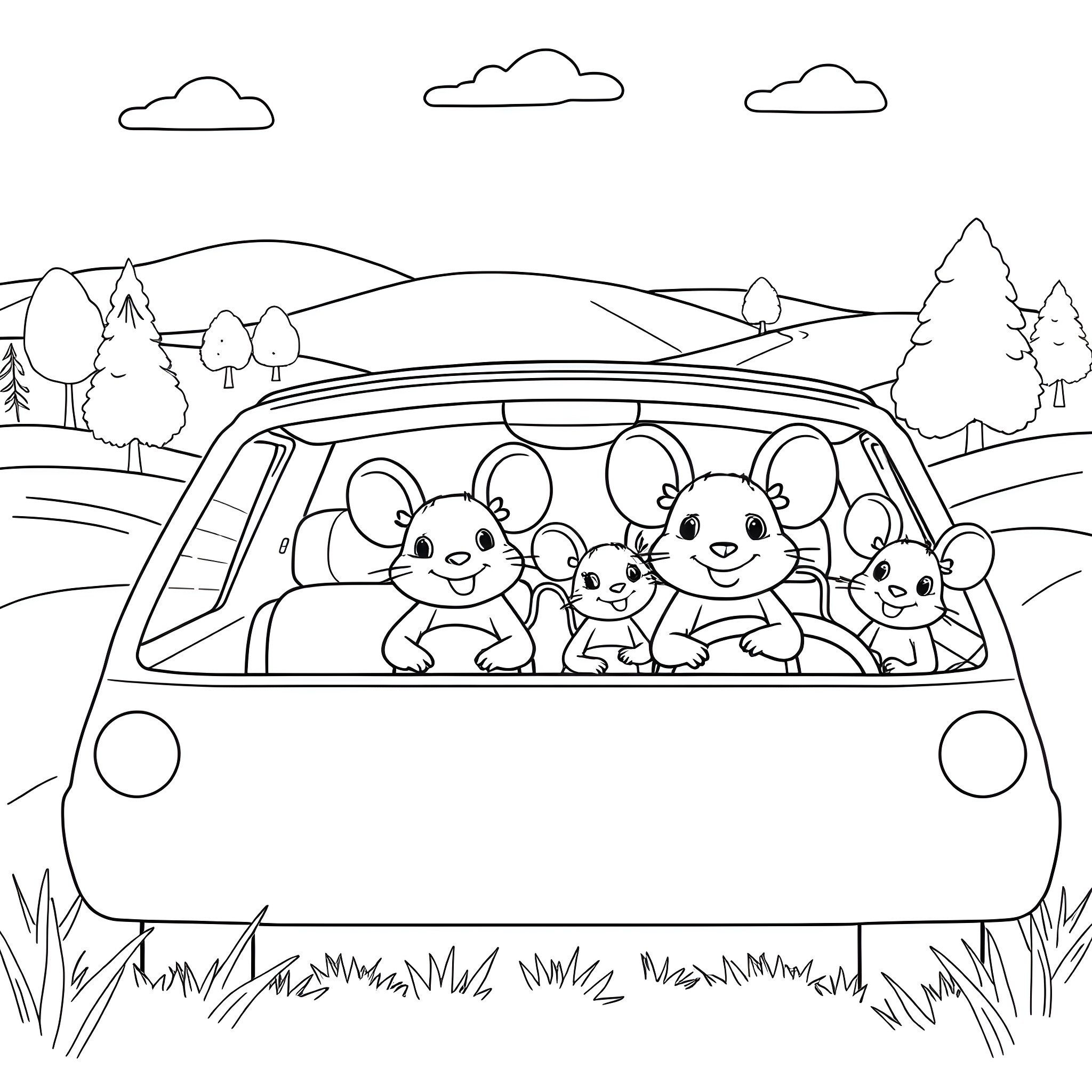 Mouse family on a road trip adventure Coloring Page (free black-and-white line drawing printable PDF for all, from beginners to advanced learners, including children, teens, adults, and seniors)