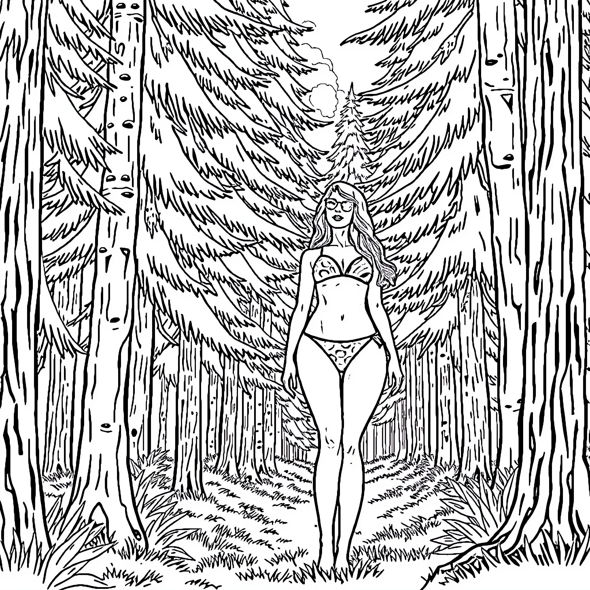 Woman in forest clearing with flowing hair Coloring Page (free black-and-white line drawing printable PDF for all, from beginners to advanced learners, including children, teens, adults, and seniors)