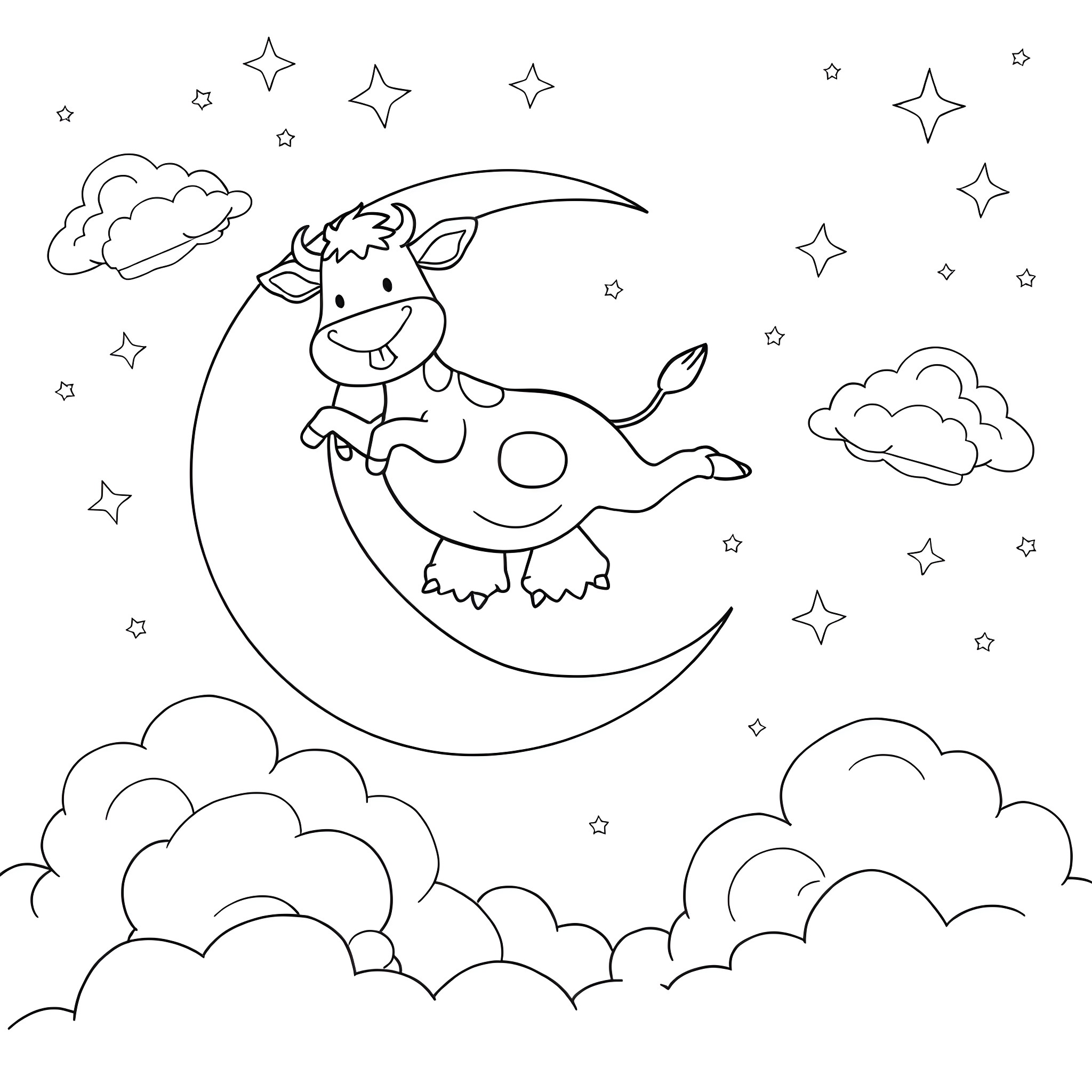 Cow jumping over the moon in the night sky Coloring Page (free black-and-white line drawing printable PDF for all, from beginners to advanced learners, including children, teens, adults, and seniors)