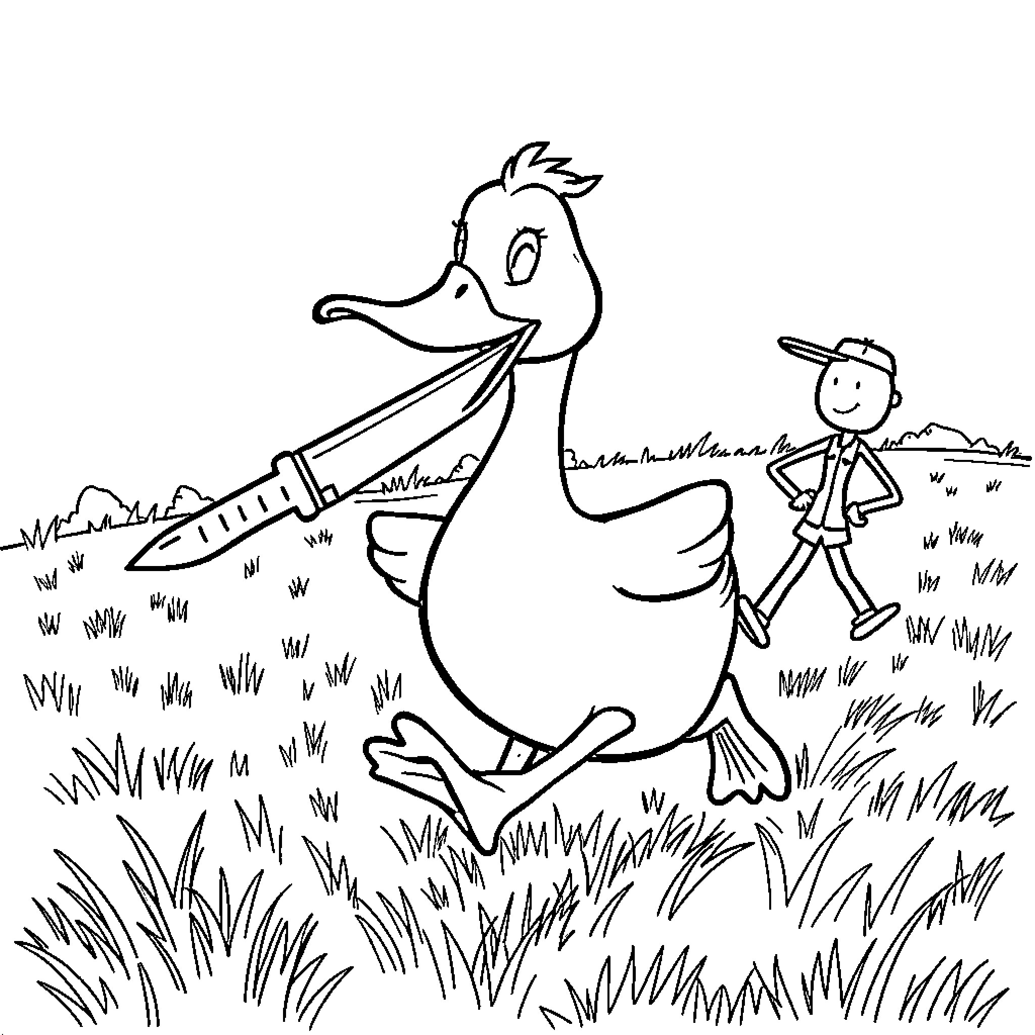 Duck leading a person through a grassy field Coloring Page (free black-and-white line drawing printable PDF for all, from beginners to advanced learners, including children, teens, adults, and seniors)