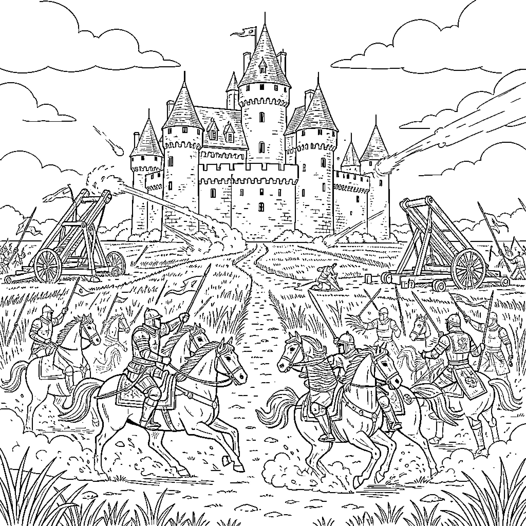 Château of knights and warriors in action Coloring Page (free black-and-white line drawing printable PDF for all, from beginners to advanced learners, including children, teens, adults, and seniors)