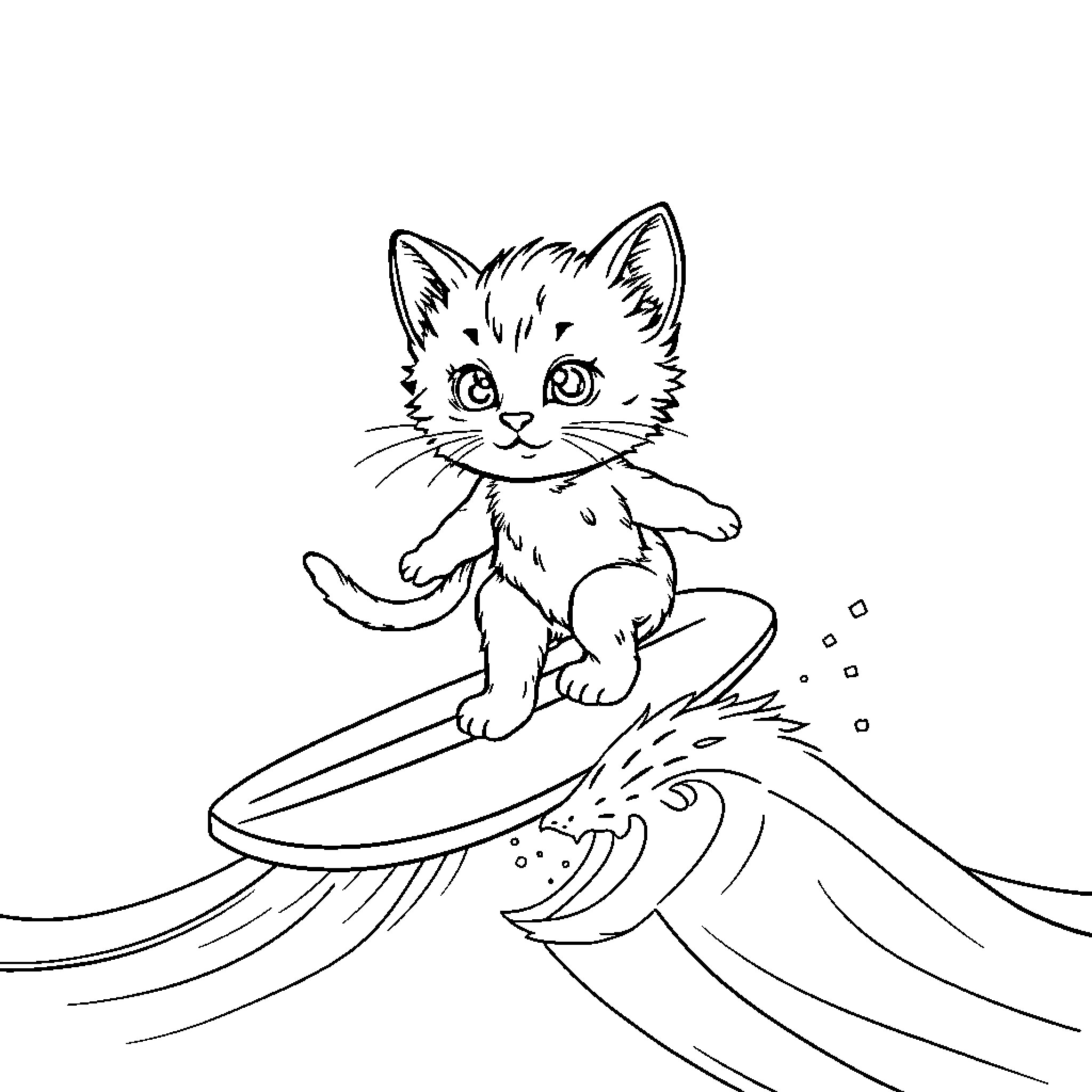 Kitten Surfing on Waves Coloring Page (free black-and-white line drawing printable PDF for all, from beginners to advanced learners, including children, teens, adults, and seniors)