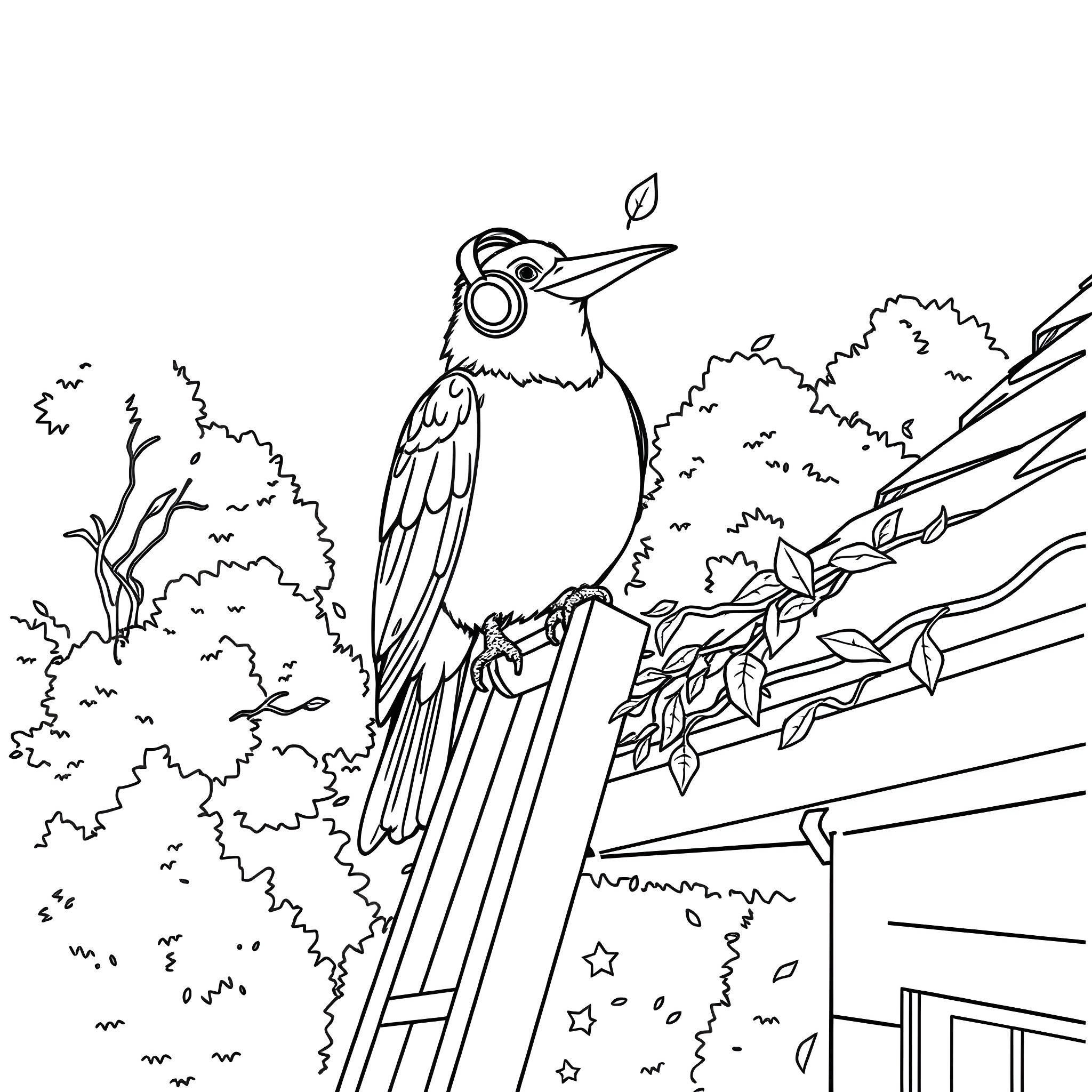 Bird perched on a branch in natural setting Coloring Page (free black-and-white line drawing printable PDF for all, from beginners to advanced learners, including children, teens, adults, and seniors)