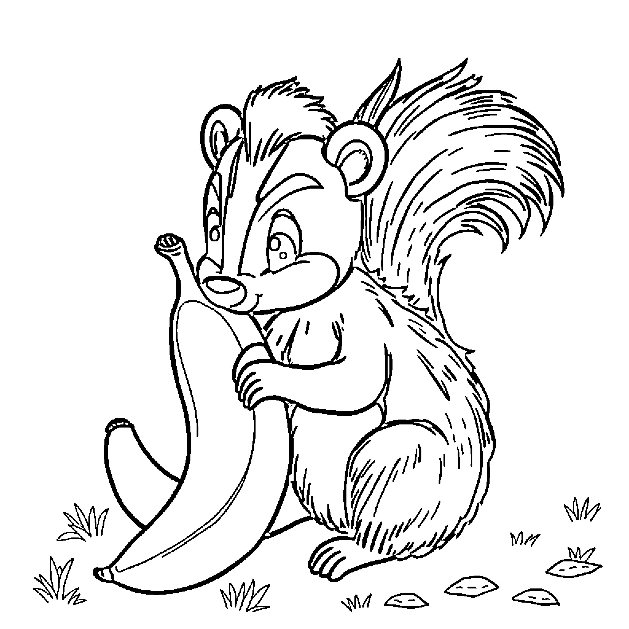 Skunk enjoying a tasty snack in the grass Coloring Page (free black-and-white line drawing printable PDF for all, from beginners to advanced learners, including children, teens, adults, and seniors)
