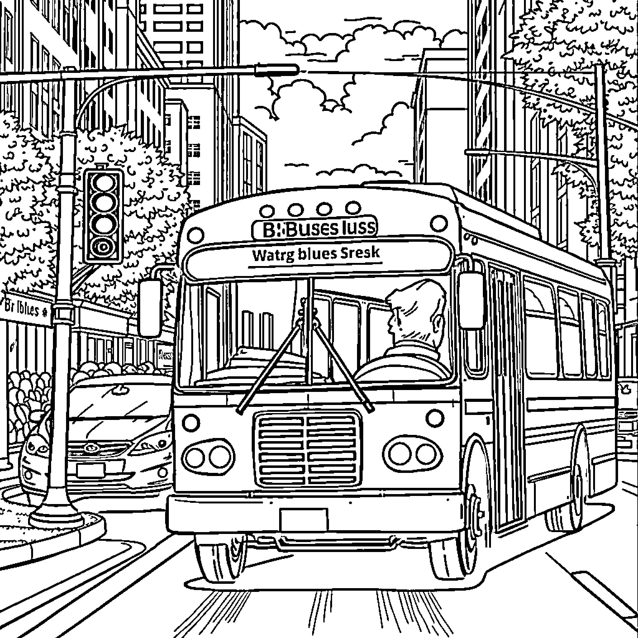 Bus Commute Through Urban Cityscape Coloring Page (free black-and-white line drawing printable PDF for all, from beginners to advanced learners, including children, teens, adults, and seniors)