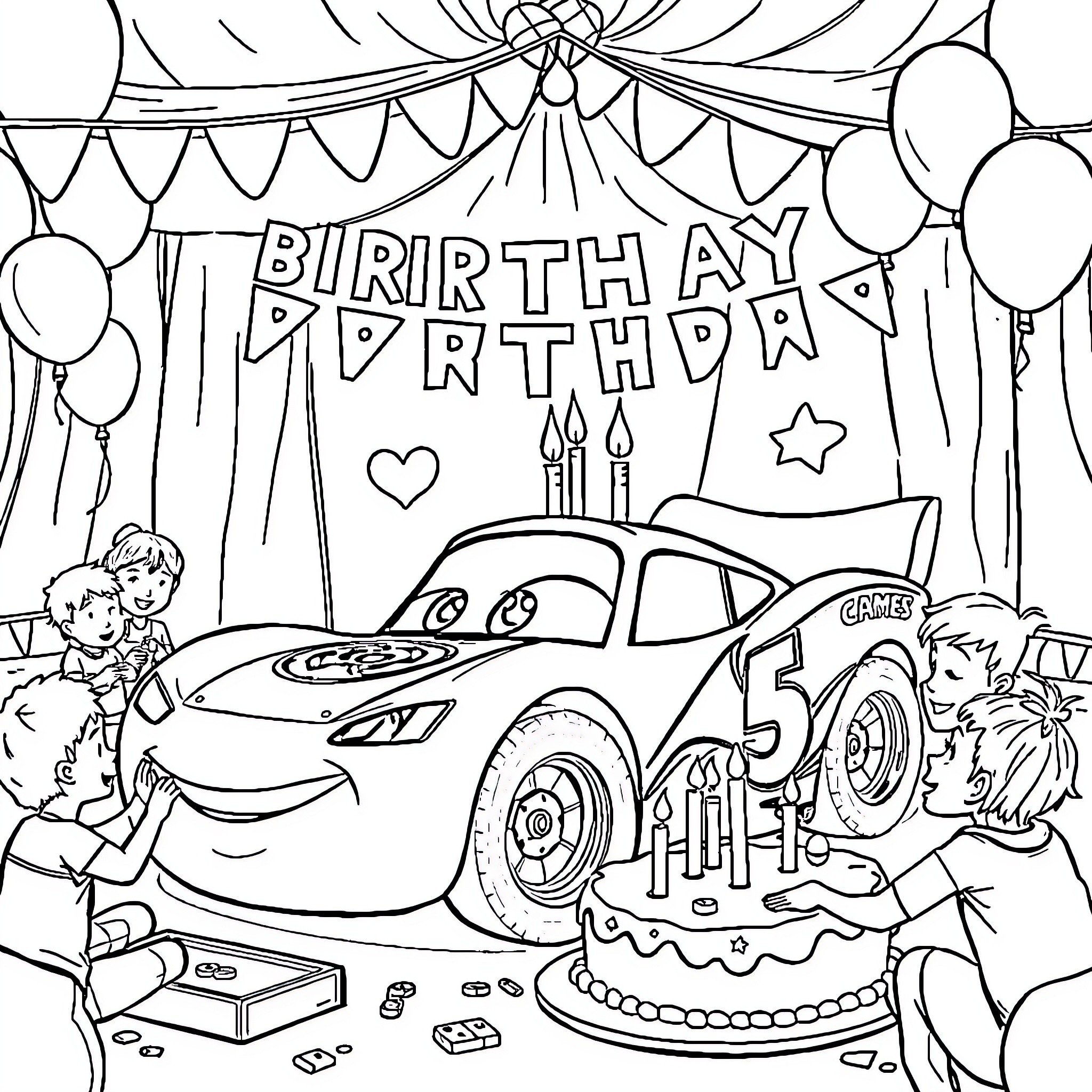 Lightning McQueen's Birthday Celebration with Friends Coloring Page (free black-and-white line drawing printable PDF for all, from beginners to advanced learners, including children, teens, adults, and seniors)