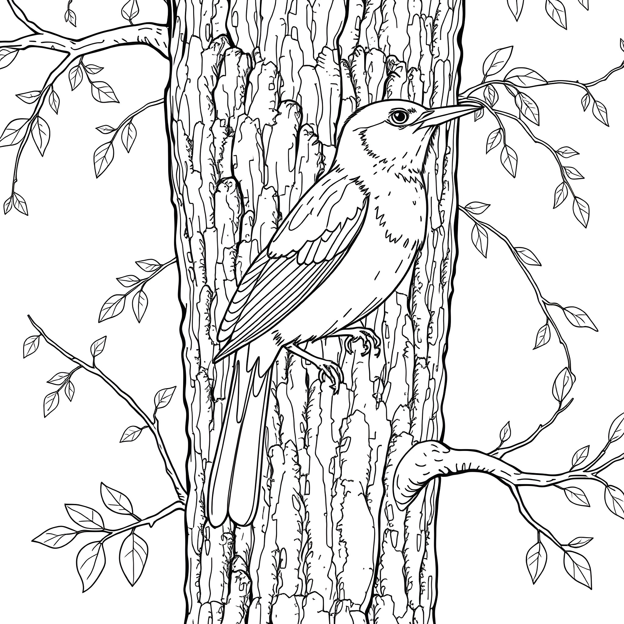 Chlorochrysa Phoenicotis perching on textured bark Coloring Page (free black-and-white line drawing printable PDF for all, from beginners to advanced learners, including children, teens, adults, and seniors)
