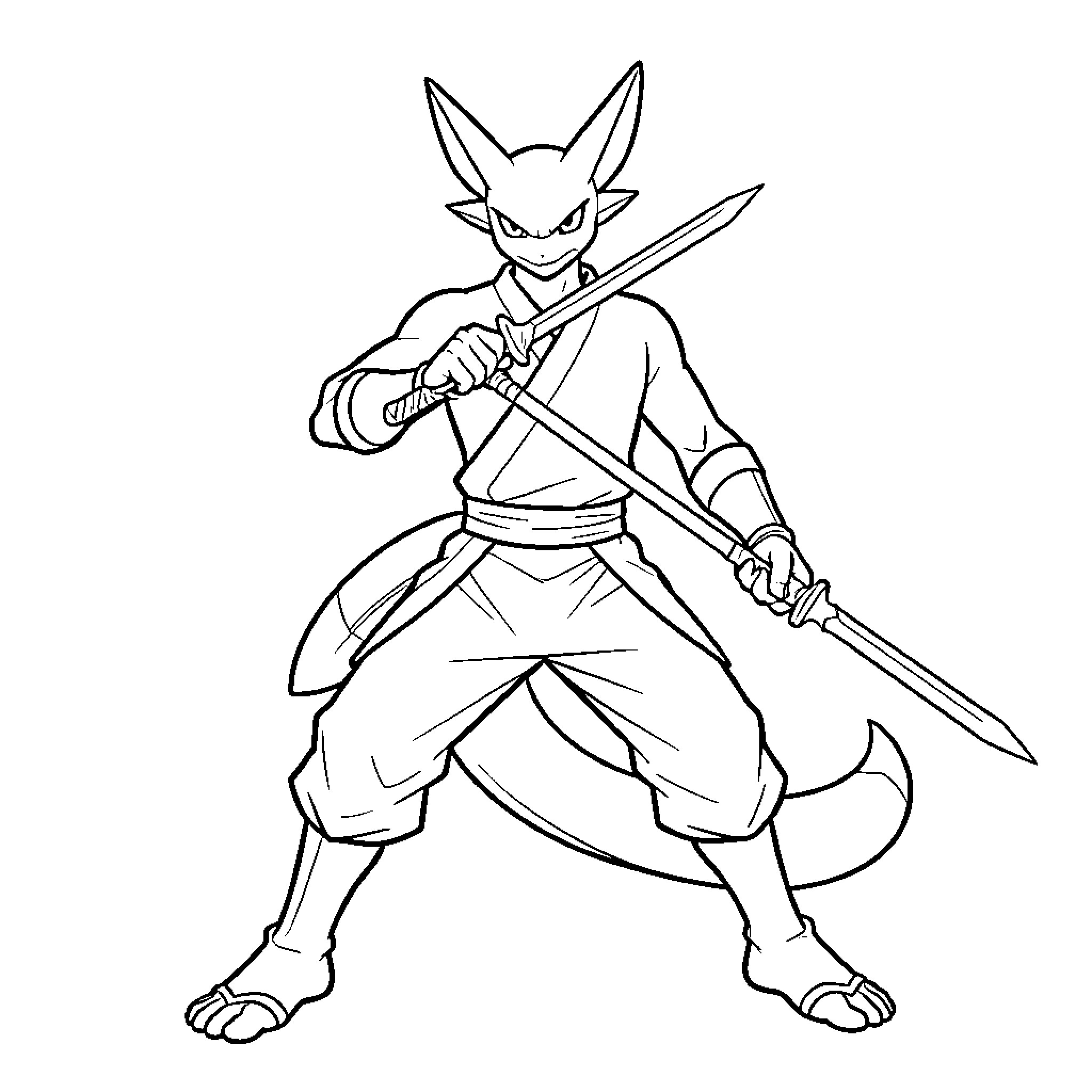 Gallade wielding dual swords in a combat stance Coloring Page (free black-and-white line drawing printable PDF for all, from beginners to advanced learners, including children, teens, adults, and seniors)