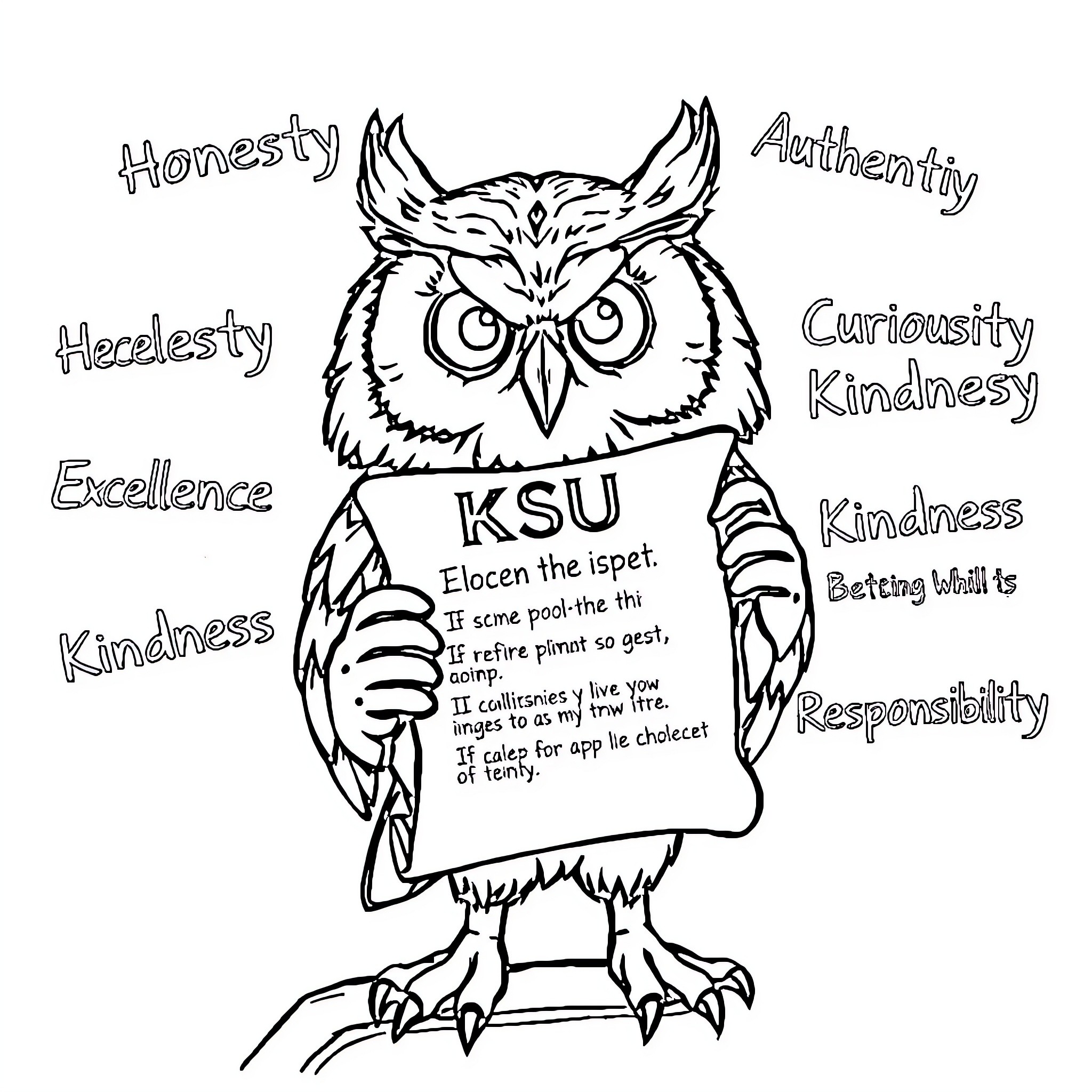 Owl displaying values and wisdom Coloring Page (free black-and-white line drawing printable PDF for all, from beginners to advanced learners, including children, teens, adults, and seniors)