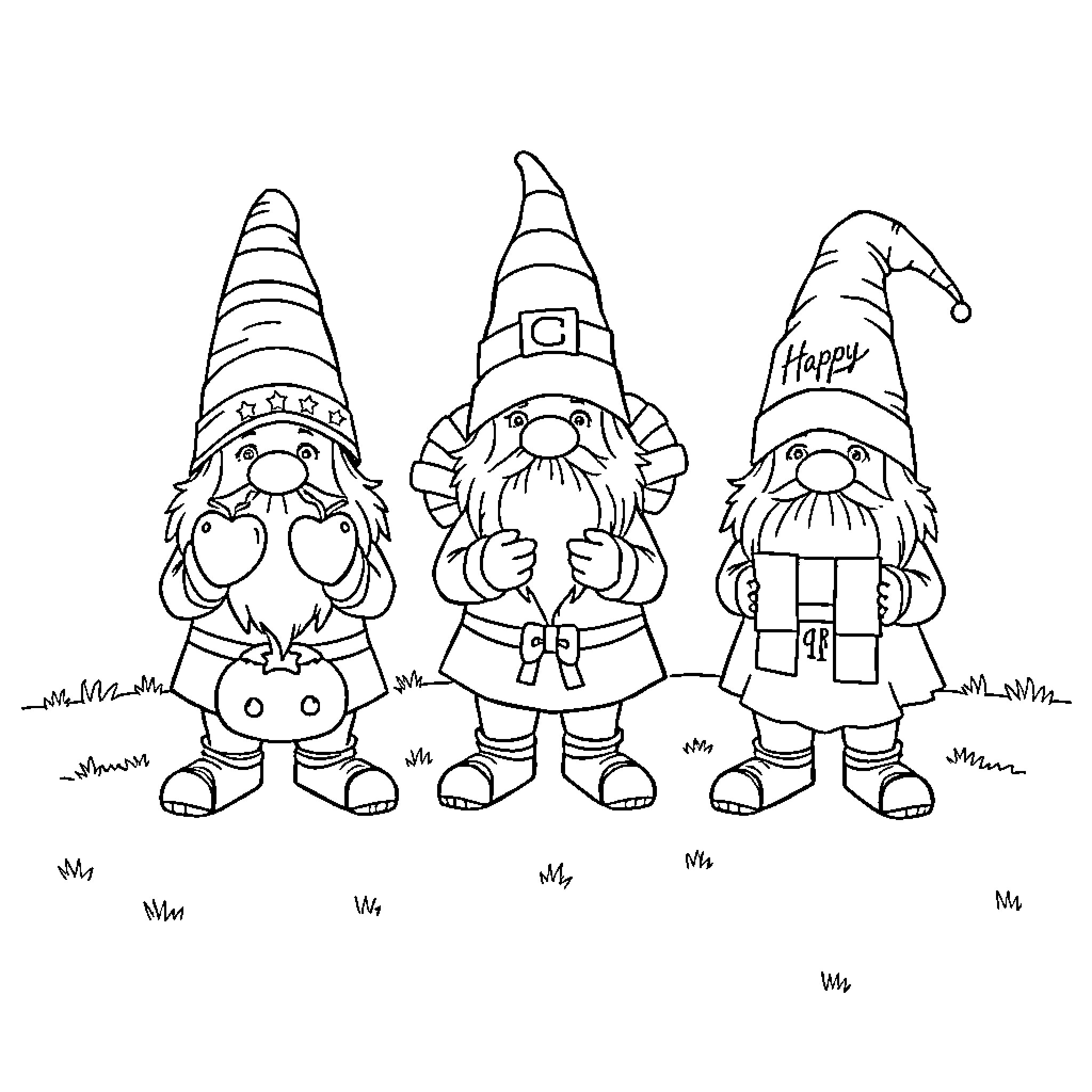 Yard Gnomes in Various Poses and Outfits Coloring Page (free black-and-white line drawing printable PDF for all, from beginners to advanced learners, including children, teens, adults, and seniors)