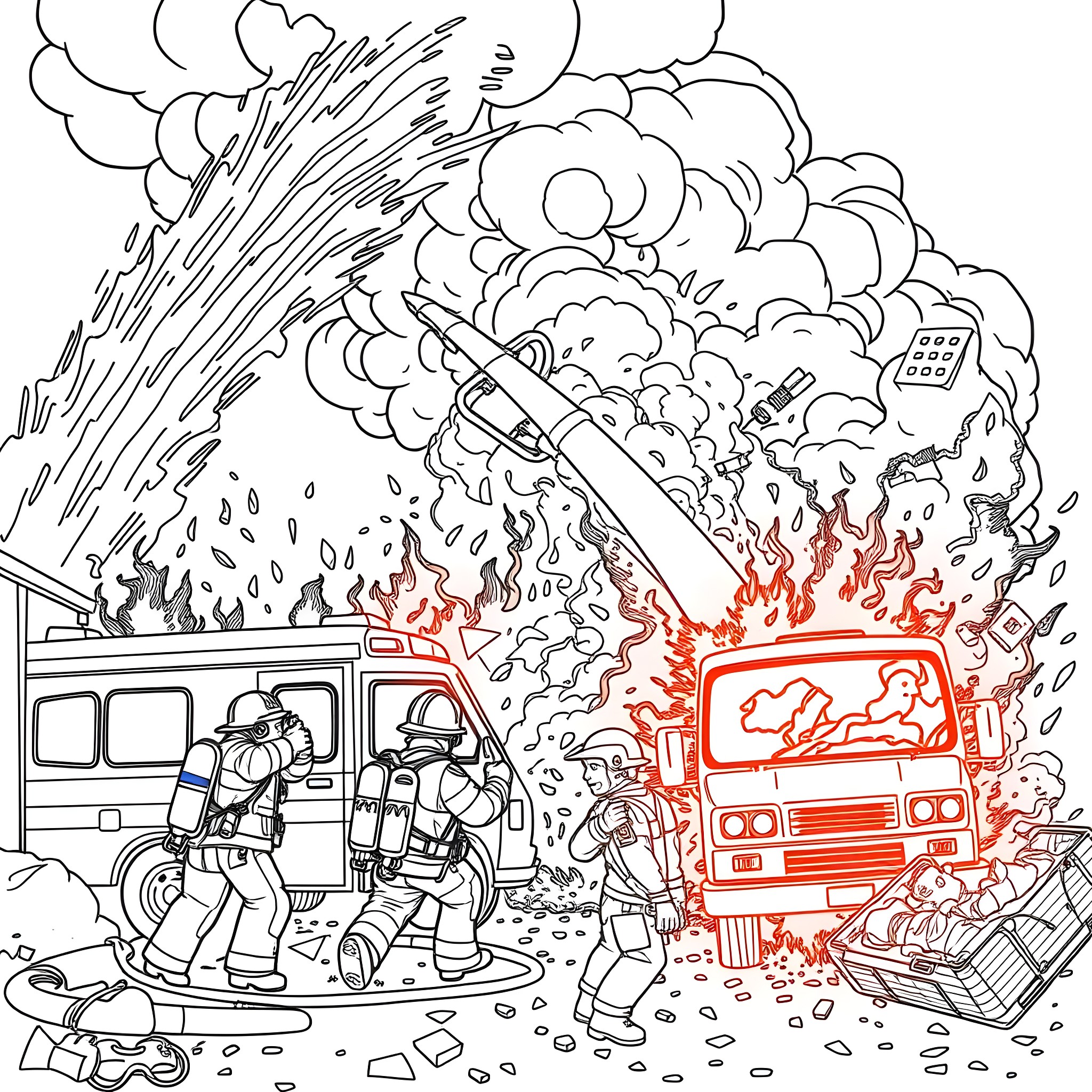 Firefighters Battling Intense Flames and Smoke Coloring Page (free black-and-white line drawing printable PDF for all, from beginners to advanced learners, including children, teens, adults, and seniors)