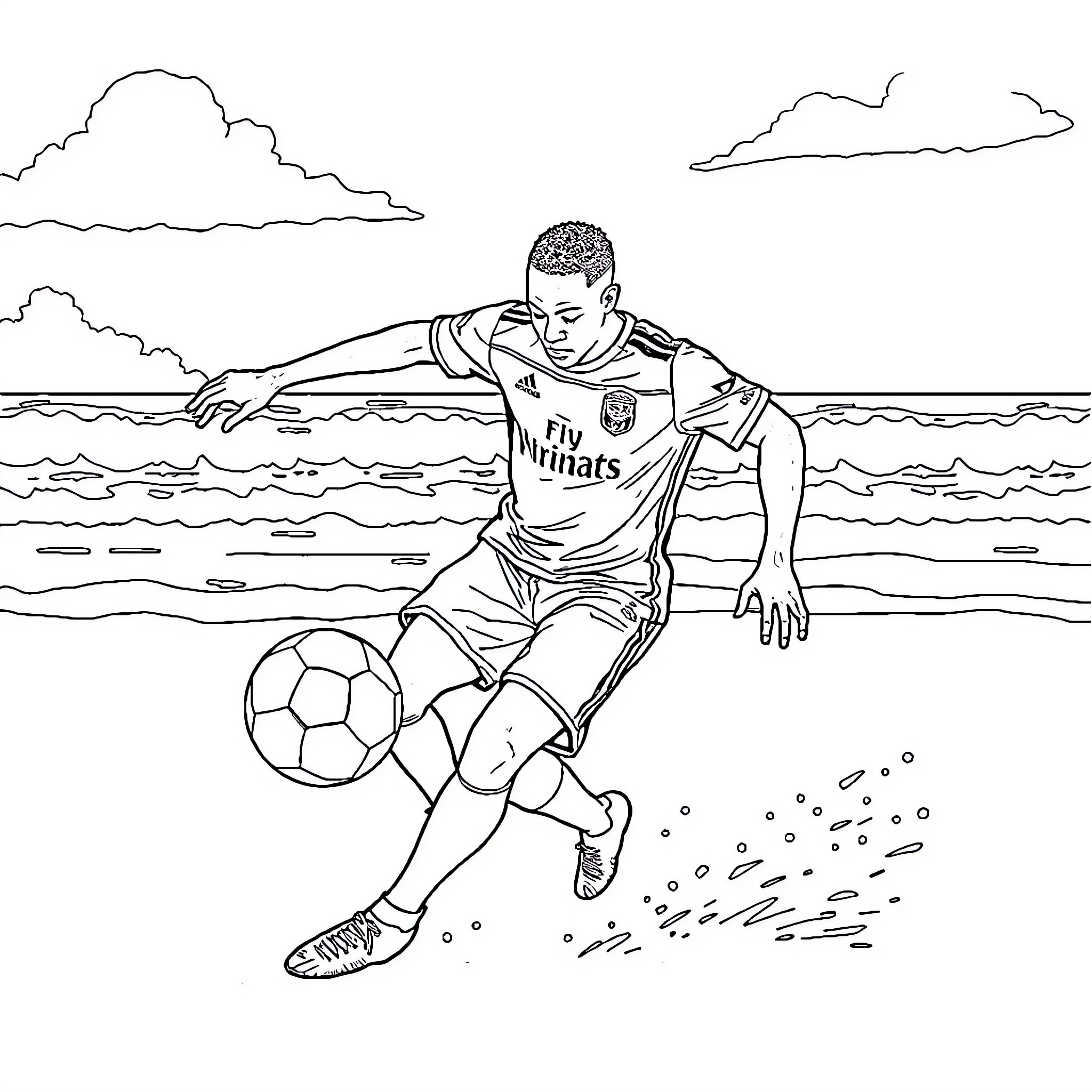 Mbappe playing football in the ocean Coloring Page (free black-and-white line drawing printable PDF for all, from beginners to advanced learners, including children, teens, adults, and seniors)