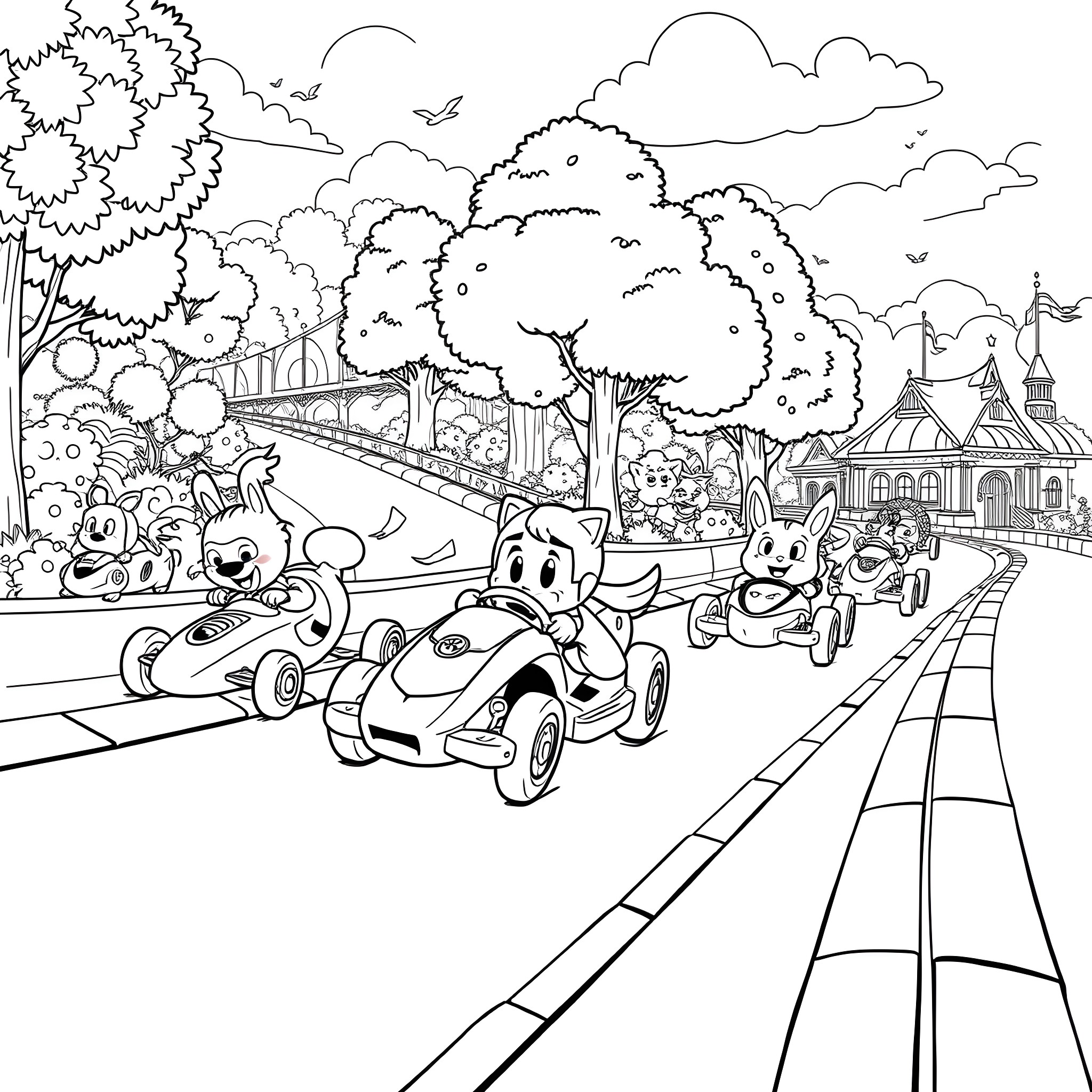 Morio Cart Racing through a Whimsical Landscape Coloring Page (free black-and-white line drawing printable PDF for all, from beginners to advanced learners, including children, teens, adults, and seniors)