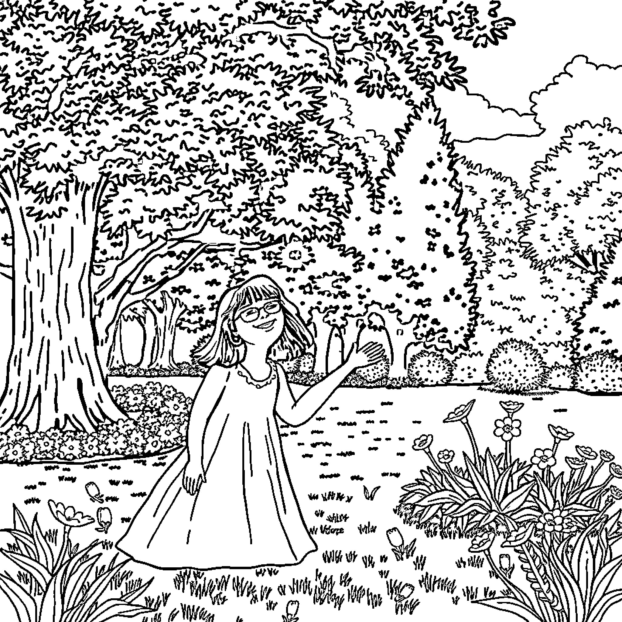 Chantal Goya amidst nature's beauty Coloring Page (free black-and-white line drawing printable PDF for all, from beginners to advanced learners, including children, teens, adults, and seniors)
