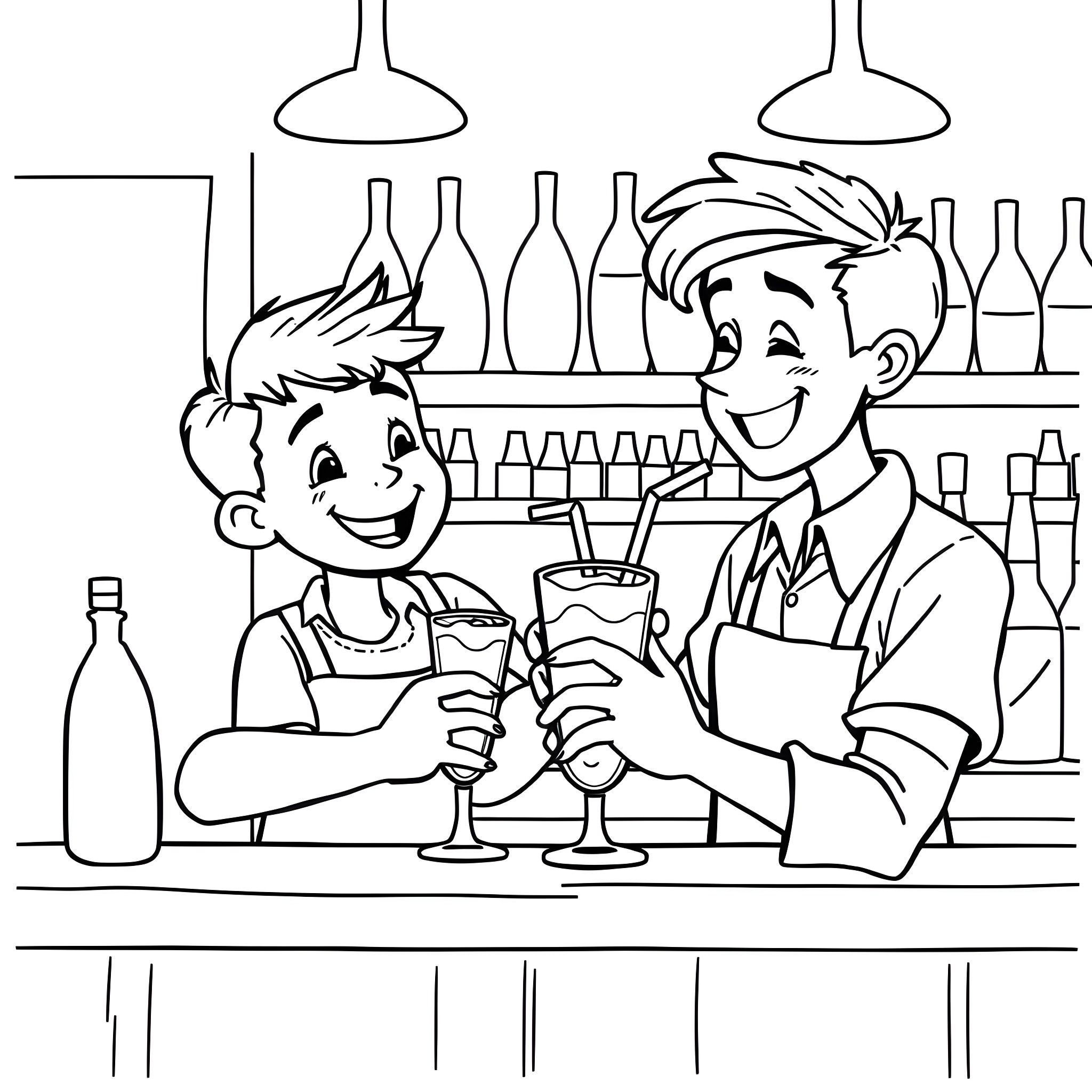 Bartender serving drinks to a customer at the bar Coloring Page (free black-and-white line drawing printable PDF for all, from beginners to advanced learners, including children, teens, adults, and seniors)