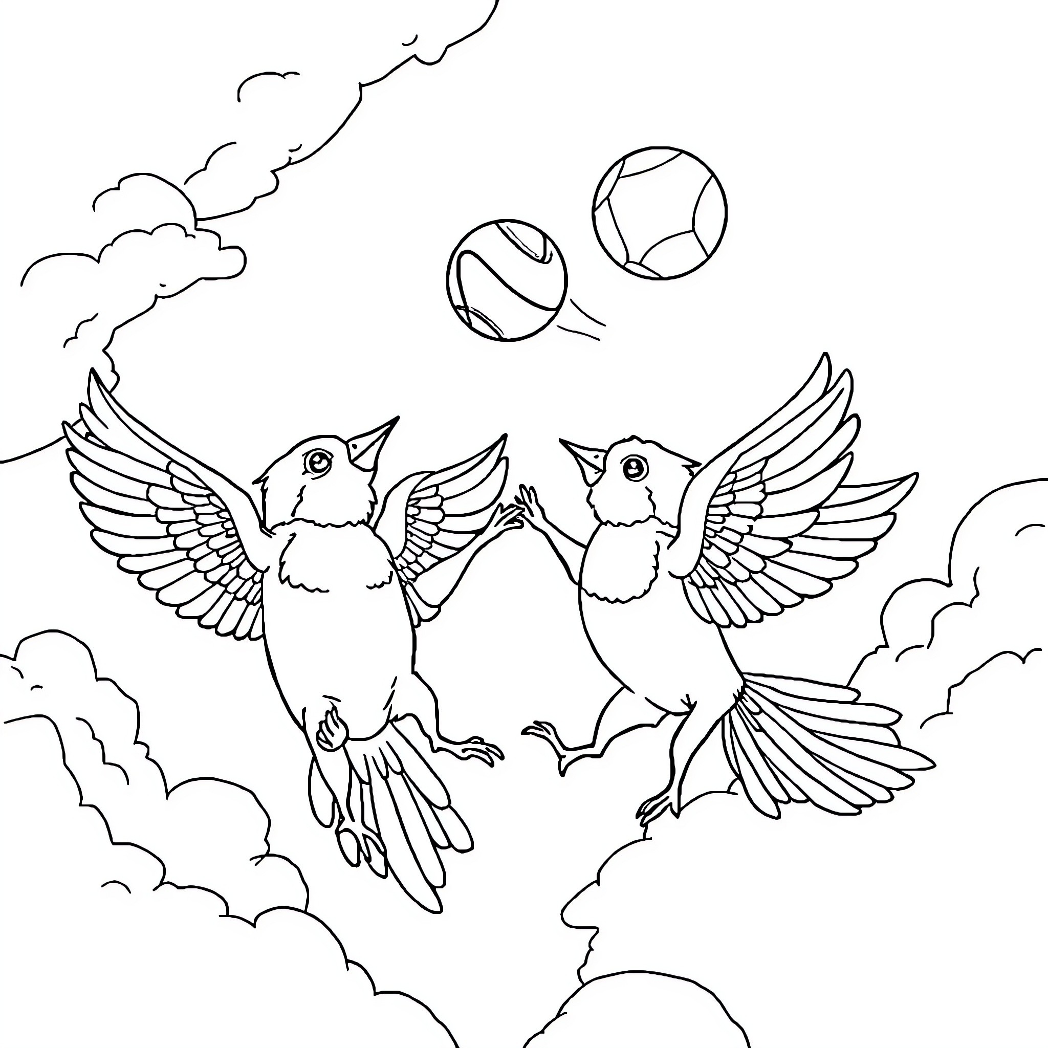 Animal birds playing with balls in the sky Coloring Page (free black-and-white line drawing printable PDF for all, from beginners to advanced learners, including children, teens, adults, and seniors)