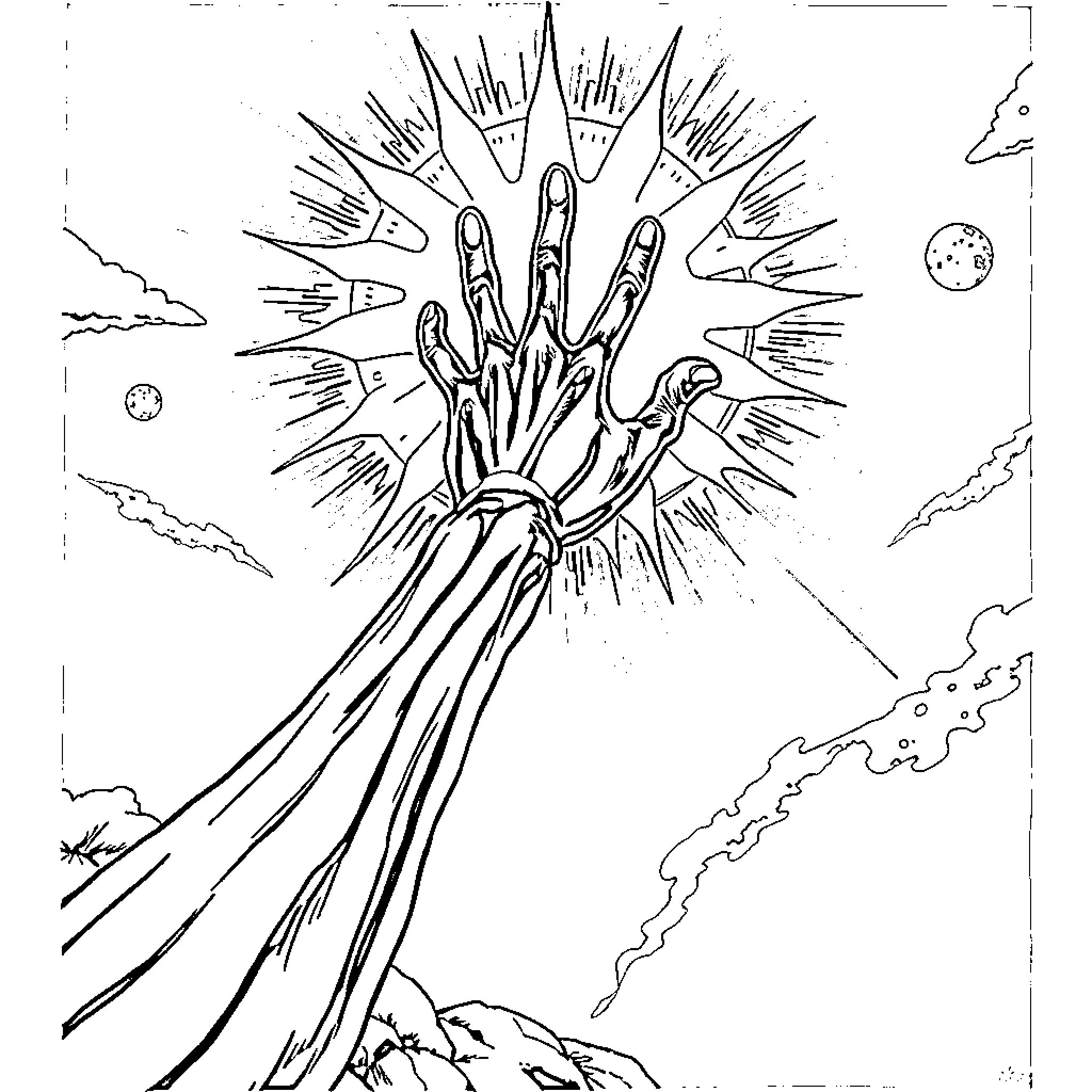 Alien hand emerging from cosmic explosion Coloring Page (free black-and-white line drawing printable PDF for all, from beginners to advanced learners, including children, teens, adults, and seniors)
