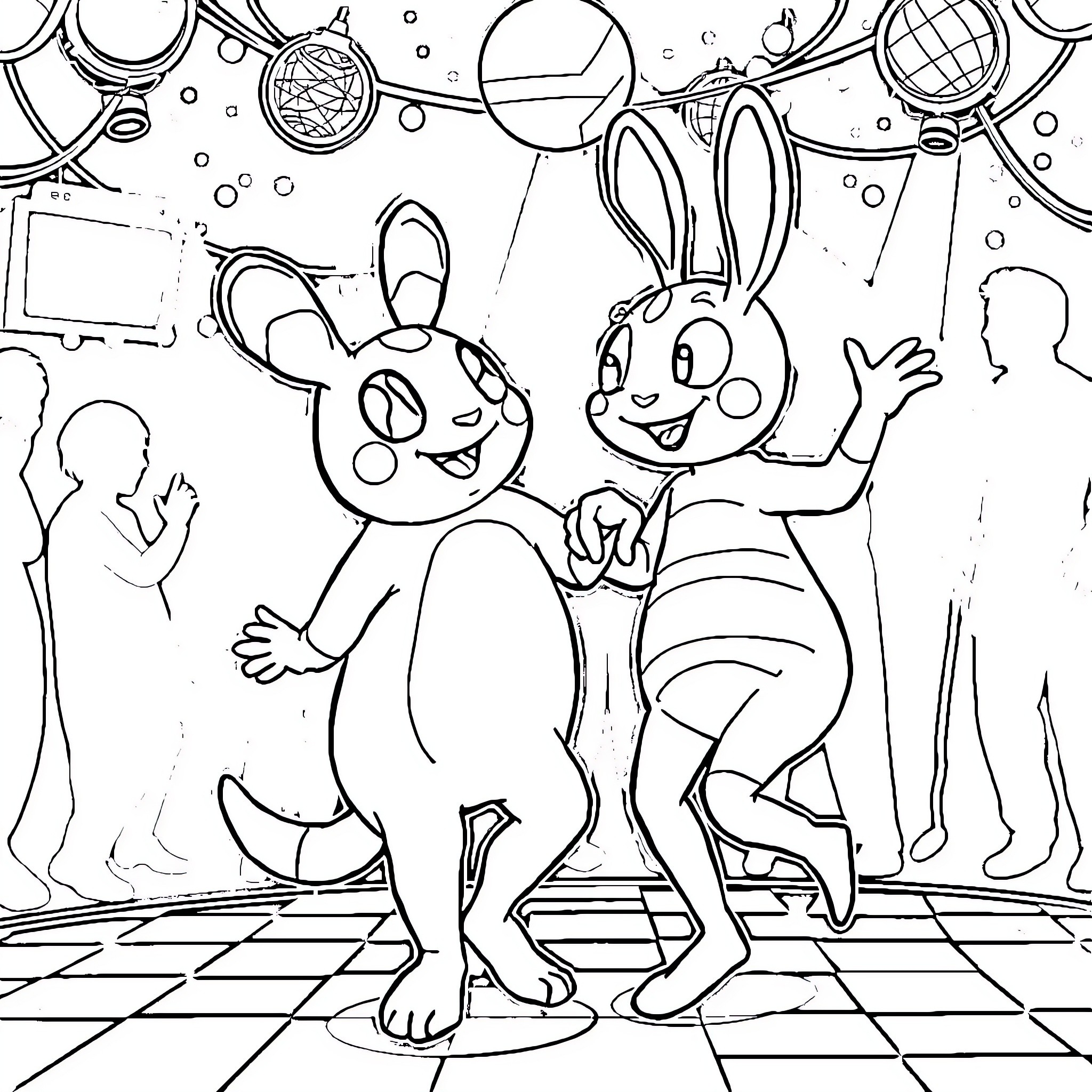 Pat's Silly Bunny Antics in a Whimsical Scene Coloring Page (free black-and-white line drawing printable PDF for all, from beginners to advanced learners, including children, teens, adults, and seniors)