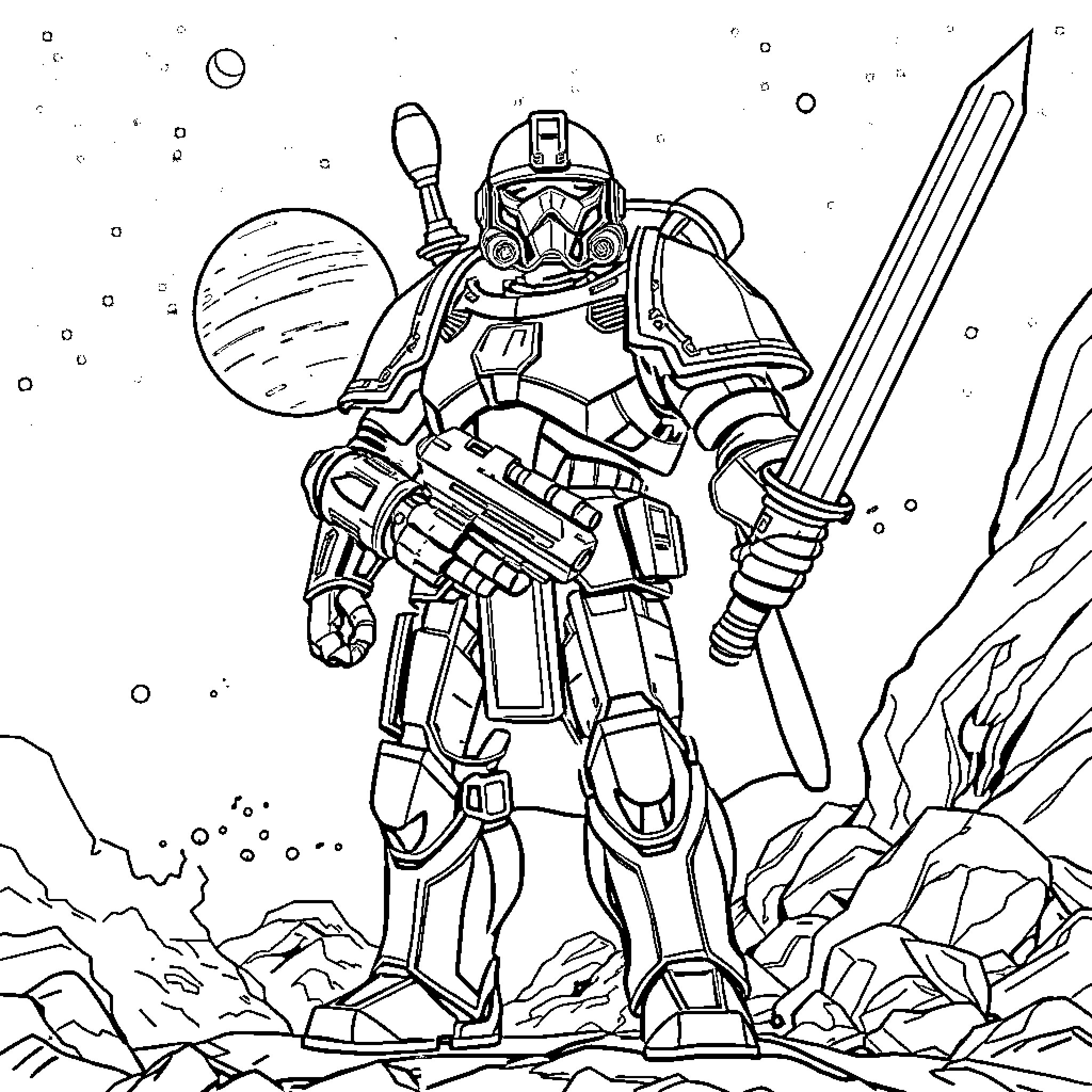 Spacemarine warrior stands ready in an extraterrestrial landscape Coloring Page (free black-and-white line drawing printable PDF for all, from beginners to advanced learners, including children, teens, adults, and seniors)