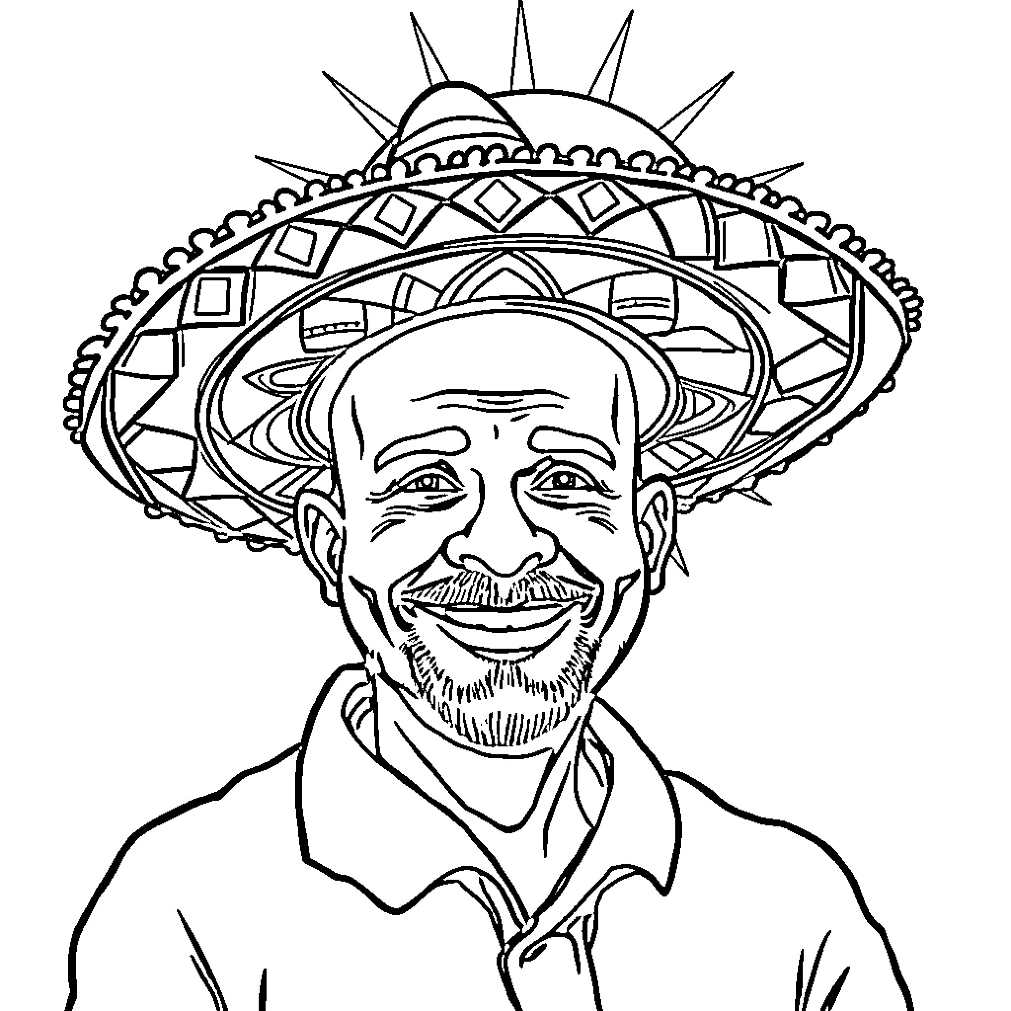 Bald Man Wearing Ornate Sombrero and Smiling Coloring Page (free black-and-white line drawing printable PDF for all, from beginners to advanced learners, including children, teens, adults, and seniors)