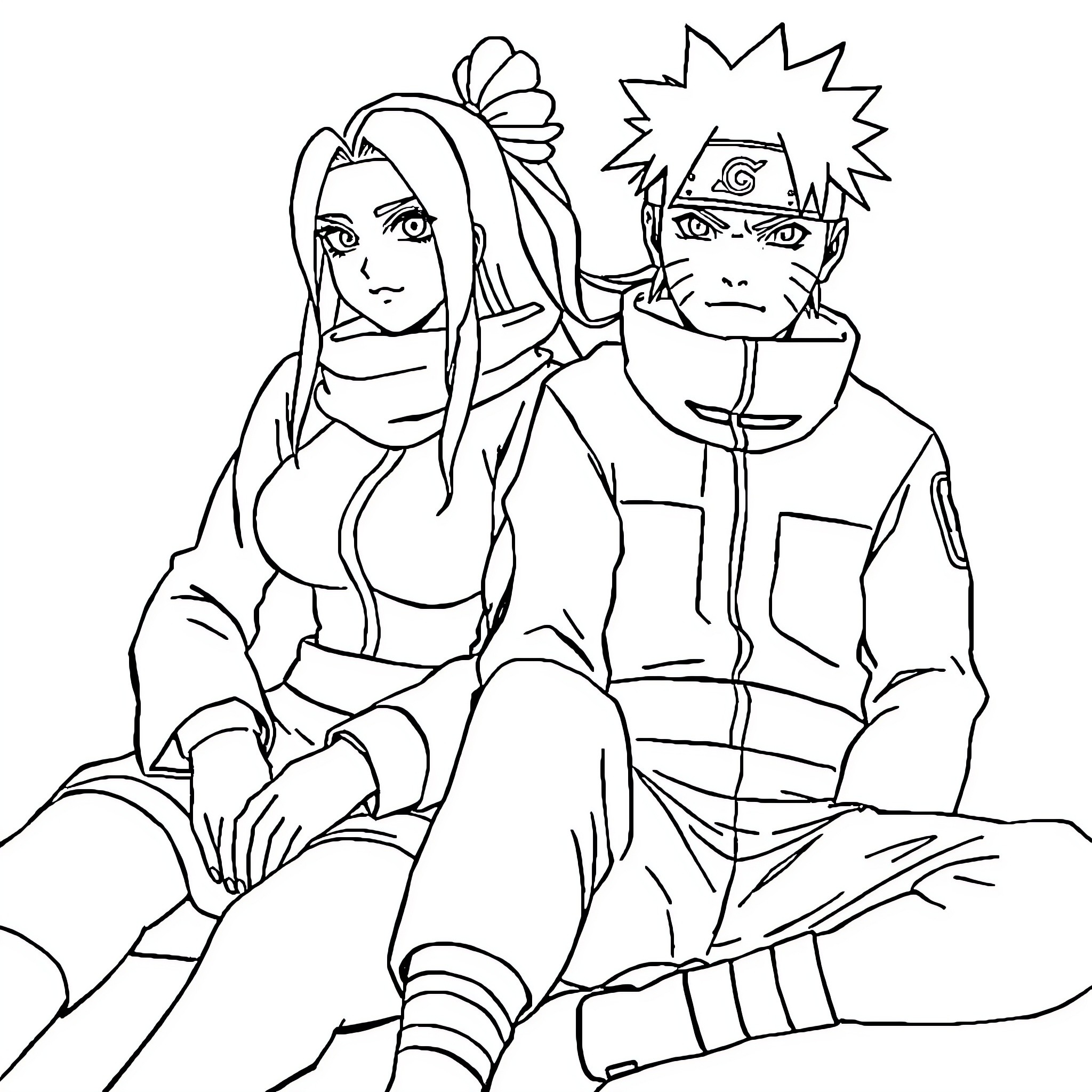 Tsunade and Naruto in contemplative pose Coloring Page (free black-and-white line drawing printable PDF for all, from beginners to advanced learners, including children, teens, adults, and seniors)