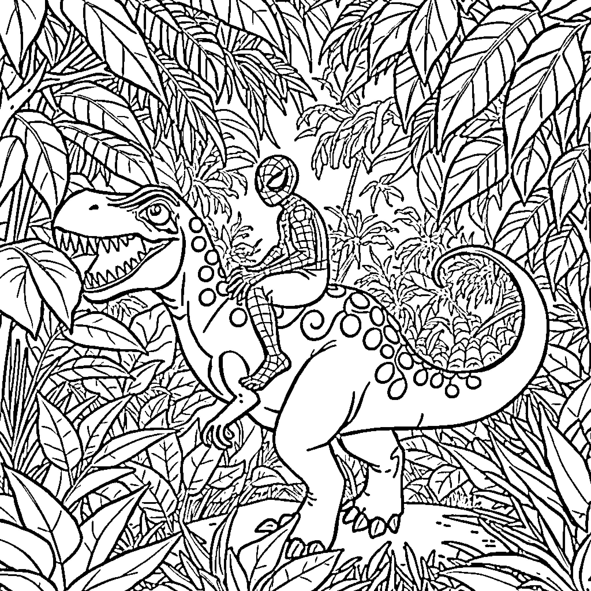 Spidey's Dino Adventure in the Lush Jungle Coloring Page (free black-and-white line drawing printable PDF for all, from beginners to advanced learners, including children, teens, adults, and seniors)