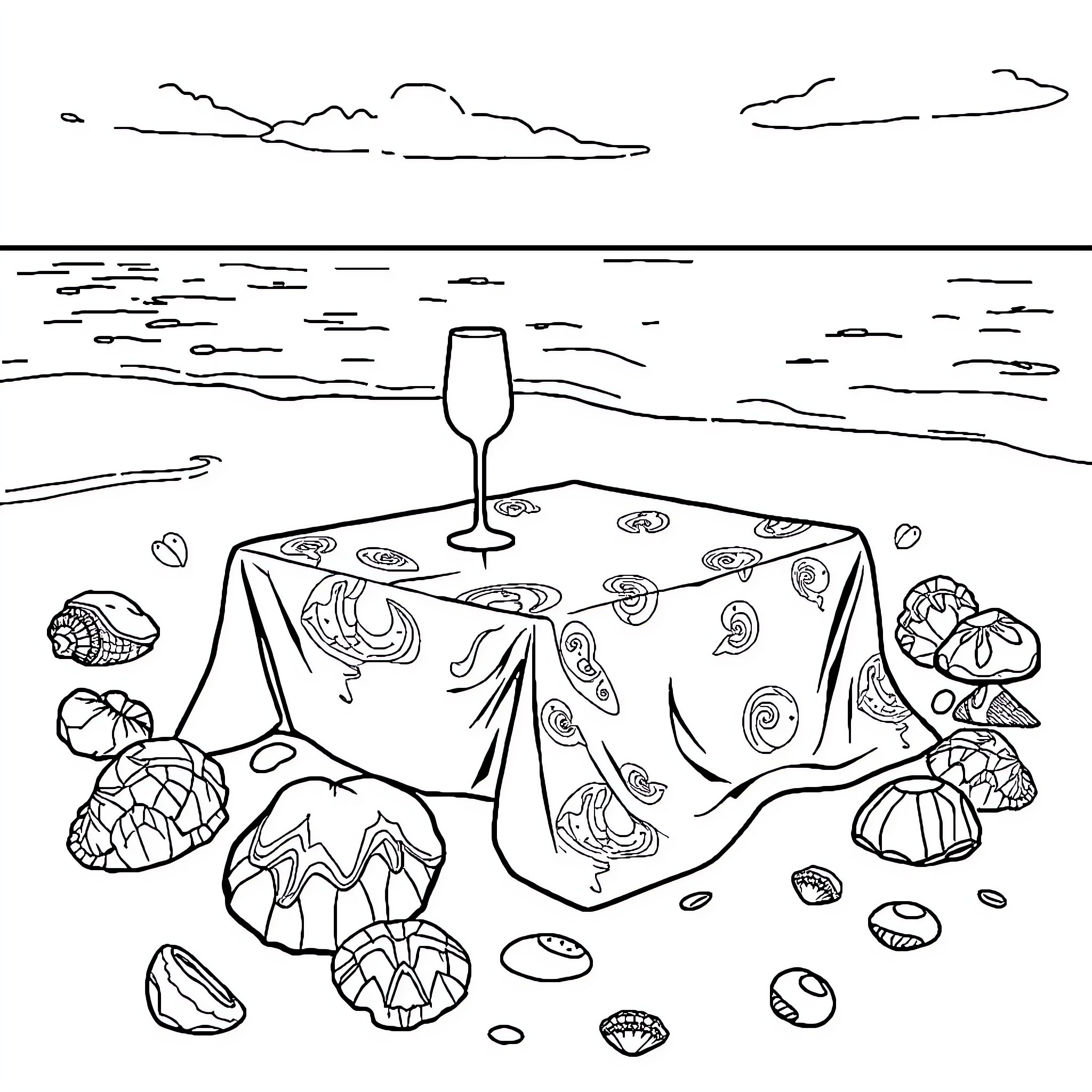 Towel on the beach with wine glass and seashells Coloring Page (free black-and-white line drawing printable PDF for all, from beginners to advanced learners, including children, teens, adults, and seniors)