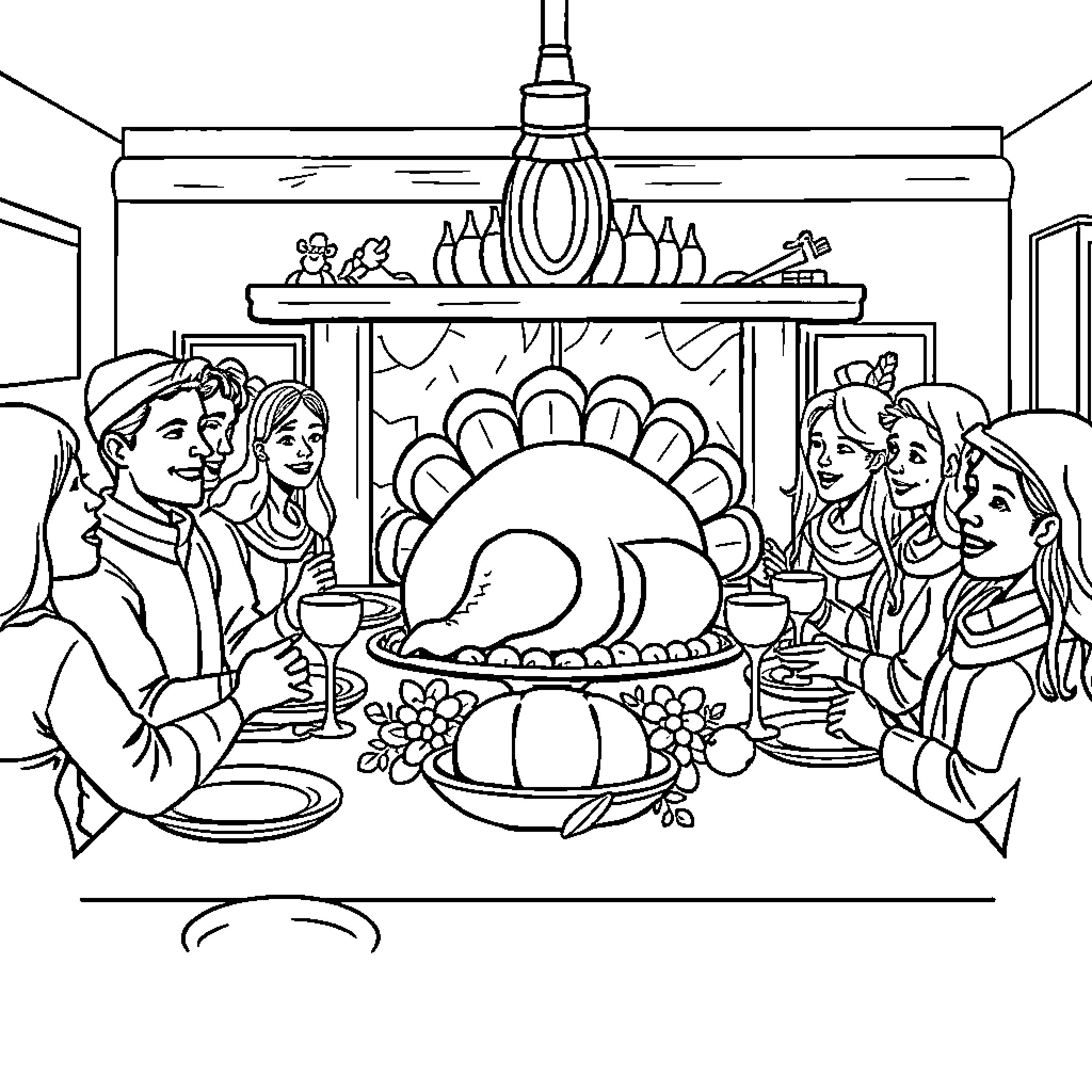 Thanksgiving Feast with Family and Friends Coloring Page (free black-and-white line drawing printable PDF for all, from beginners to advanced learners, including children, teens, adults, and seniors)