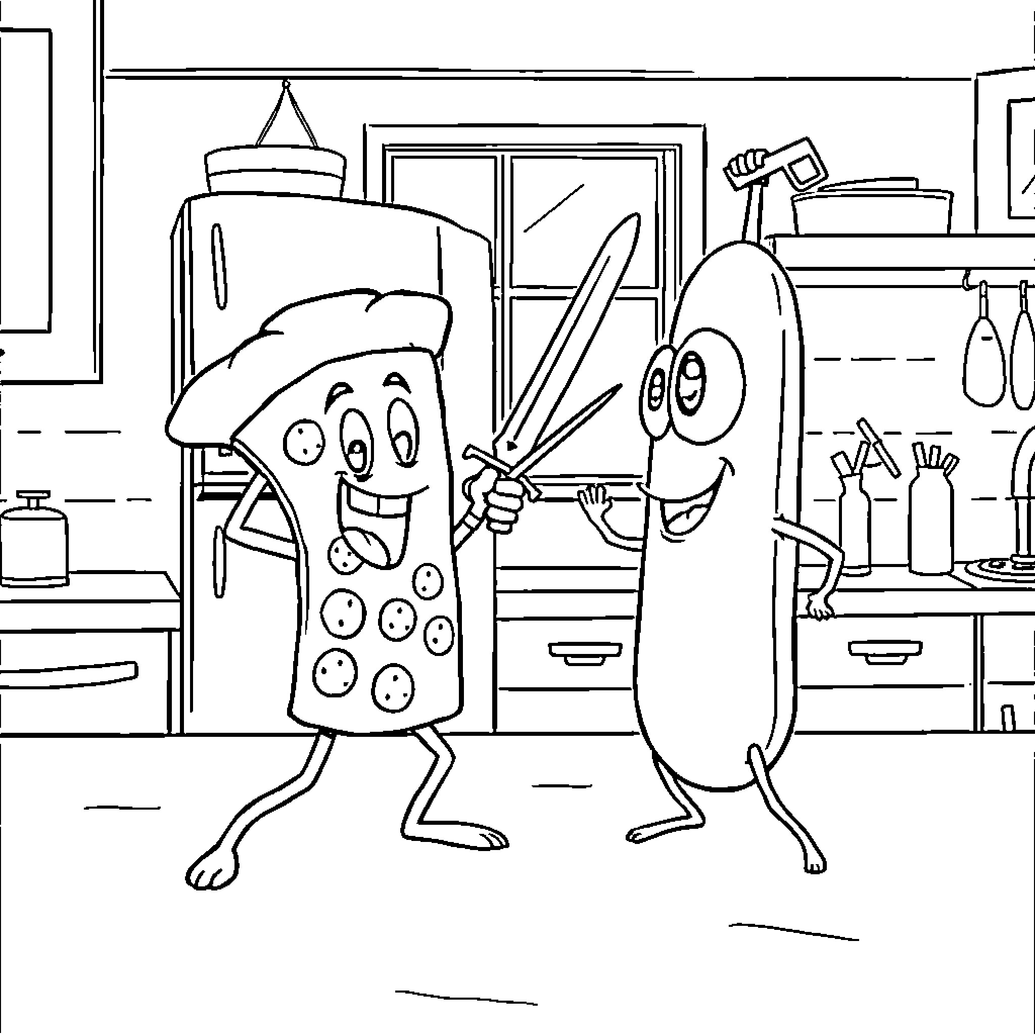 Pizza Pals Cooking Up Fun in the Kitchen Coloring Page (free black-and-white line drawing printable PDF for all, from beginners to advanced learners, including children, teens, adults, and seniors)