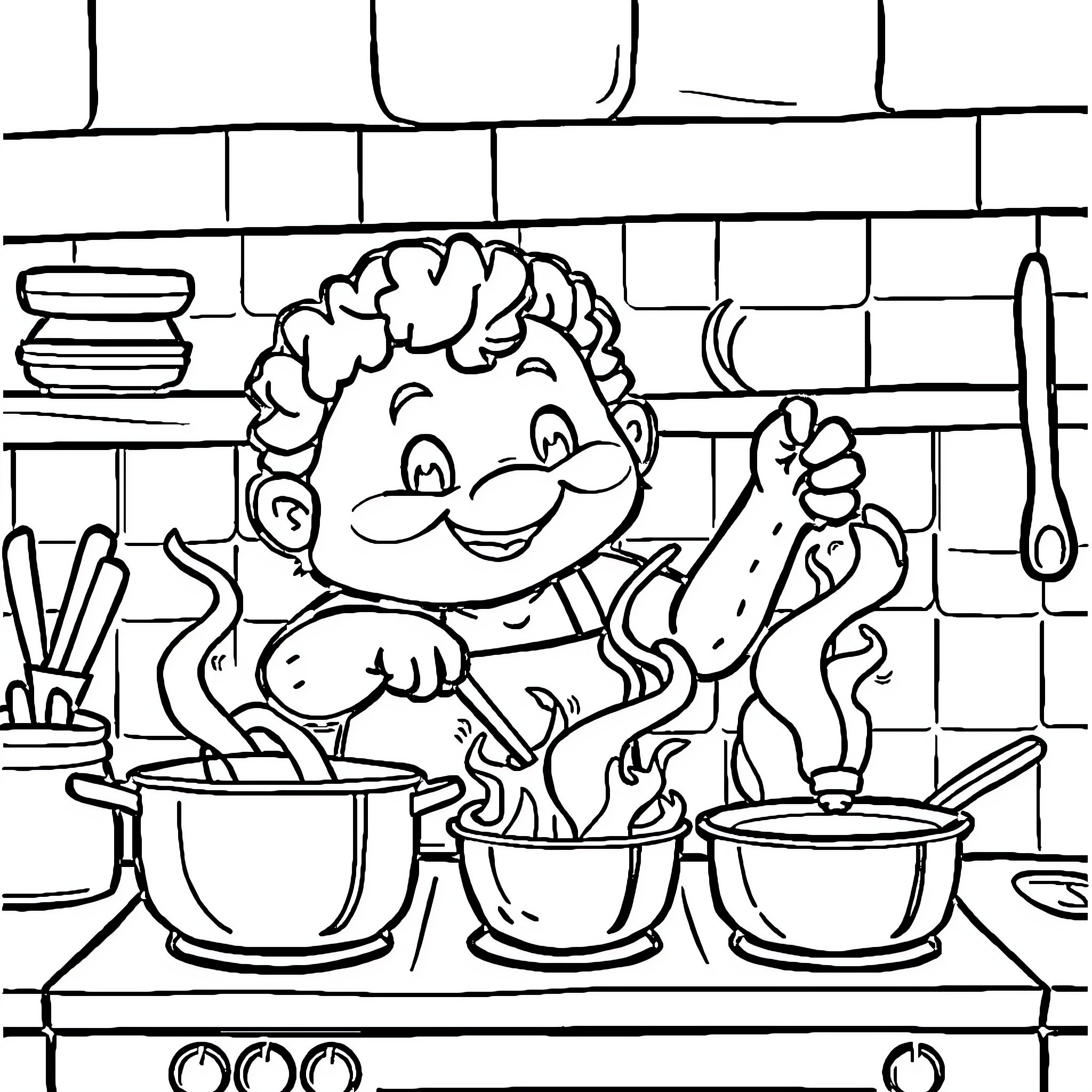 Labubu cooking joyfully in the kitchen Coloring Page (free black-and-white line drawing printable PDF for all, from beginners to advanced learners, including children, teens, adults, and seniors)